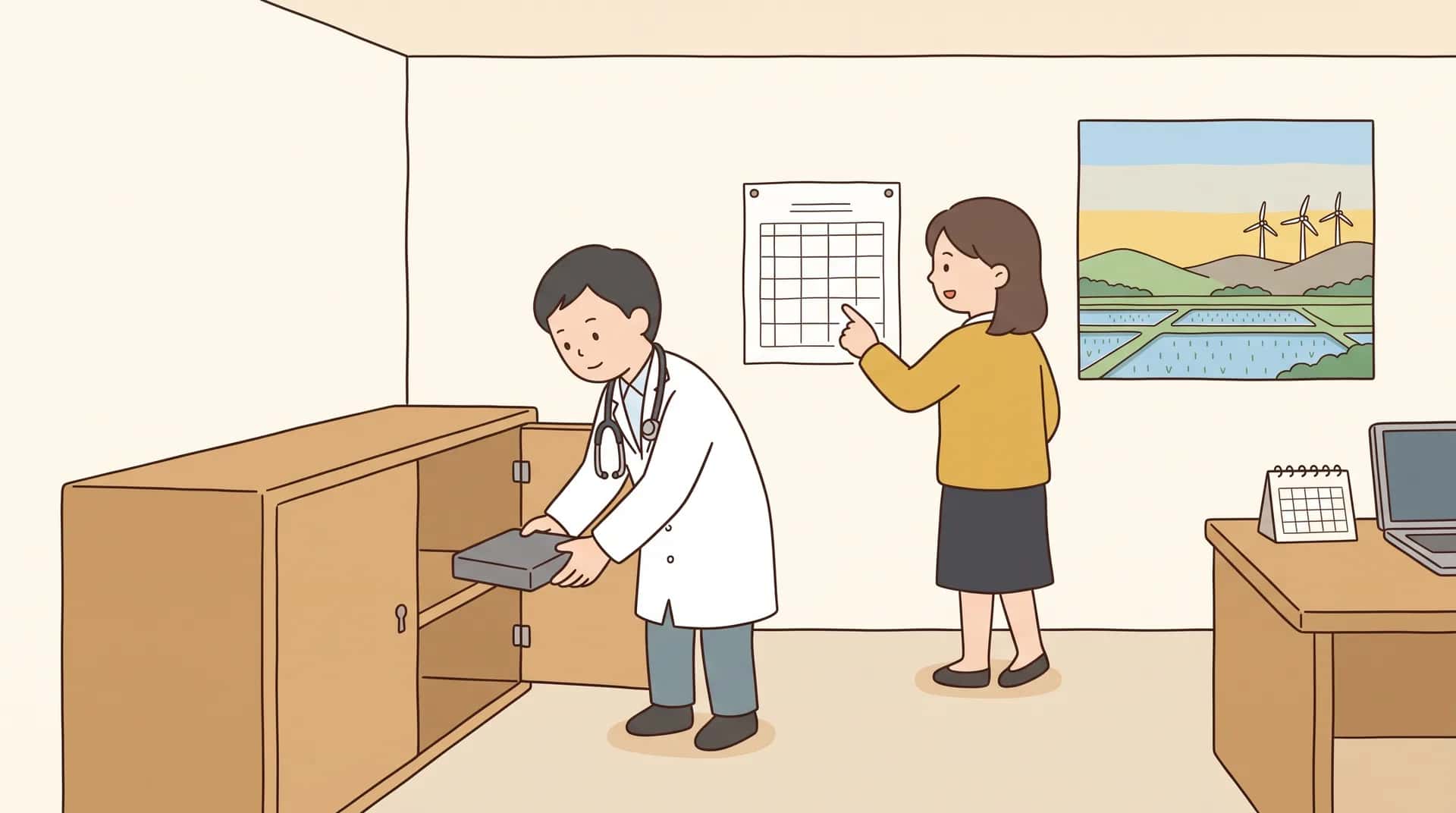 事務室で、院長が小さな外付けハードディスクの箱を鍵付きのキャビネットにしまおうとし、隣で事務長が壁に貼った1枚の表を指さしているフラットイラスト。壁の窓には里山と田んぼが見える