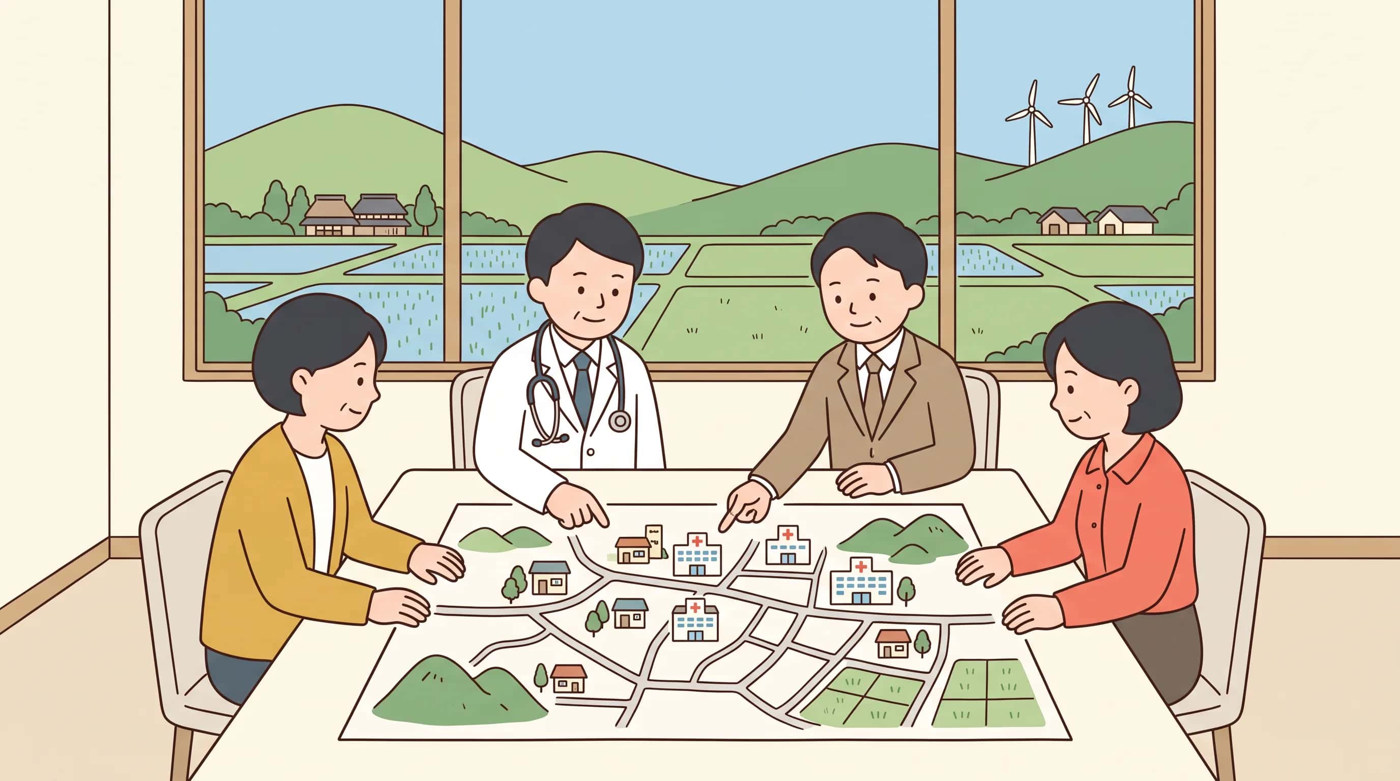 地域医療構想の調整会議で、複数の病院の院長らが地域の地図を囲んで話し合うフラットイラスト