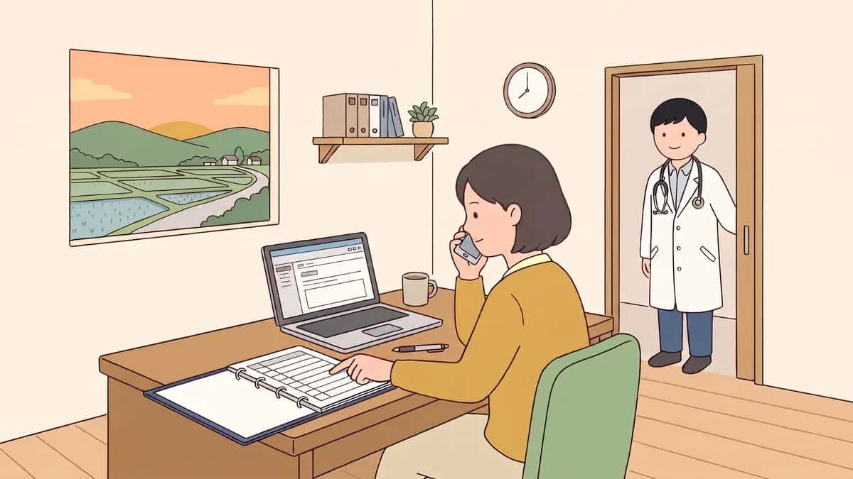 夕方の診療所の事務室で、事務長が机のバインダーの1行を指で押さえながらスマートフォンで電話をかけ、戸口で院長がうなずいて見守っているフラットイラスト。窓の外に夕焼けの里山が見える