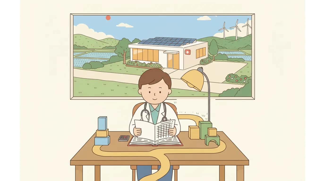 夜の診療所事務室で院長が帳簿と電卓を前に座り、帳簿から伸びる流れがいくつかのブロックに分かれていくフラットイラスト