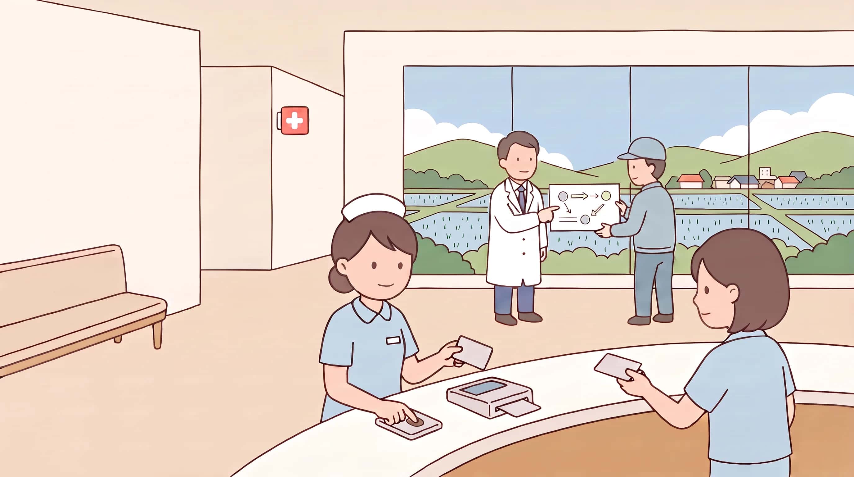 朝の診療所の受付で、看護師と医療事務がそれぞれ自分のICカードを端末にかざし、奥で院長と保守事業者が横長の図を指さして話しているフラットイラスト。窓の外に里山が見える