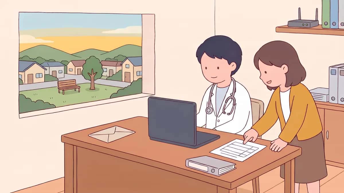 夕方の診療所の事務室で、院長がノートパソコンでメールを書き、隣で事務長が業者の名前を並べた表を指さしているフラットイラスト。窓の外に住宅街と小さな公園が見える