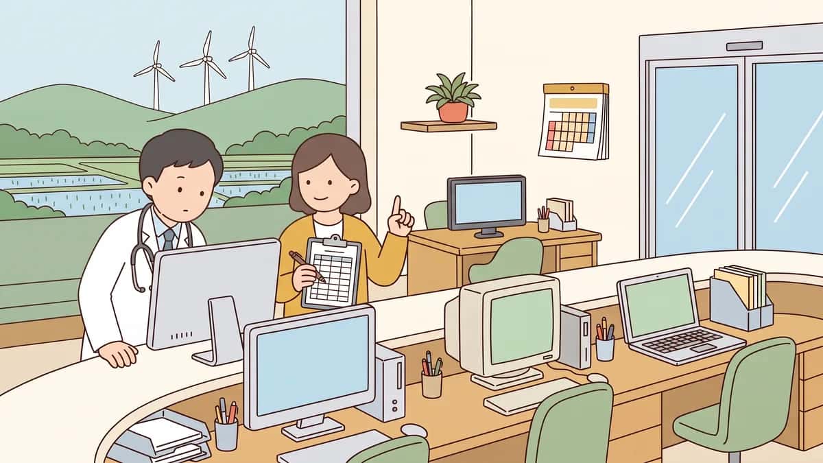 診療前の朝、受付カウンターに並んだ数台のパソコンのうち1台のパソコンを院長が覗き込み、隣で事務長が指で台数を数えながらクリップボードの表に印をつけているフラットイラスト。窓の外に朝の里山が見える