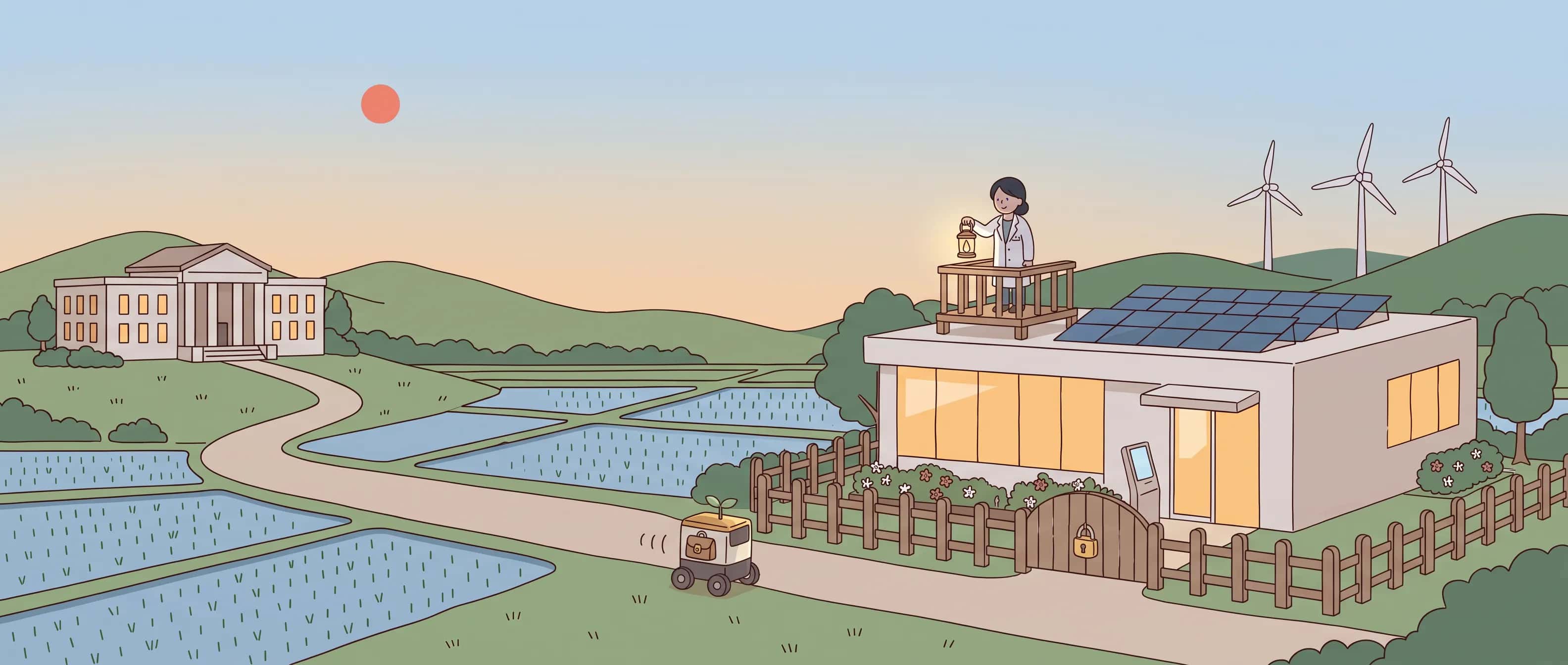 日本の田舎にある未来クリニックの世界観で、クリニックを穏やかに守る様子を描いたフラットイラスト。木の柵と鍵のかかった門がクリニックを囲み、屋根の見張り台でスタッフがランタンを掲げ、配送ロボットが施錠された鞄で書類を運んでいる。