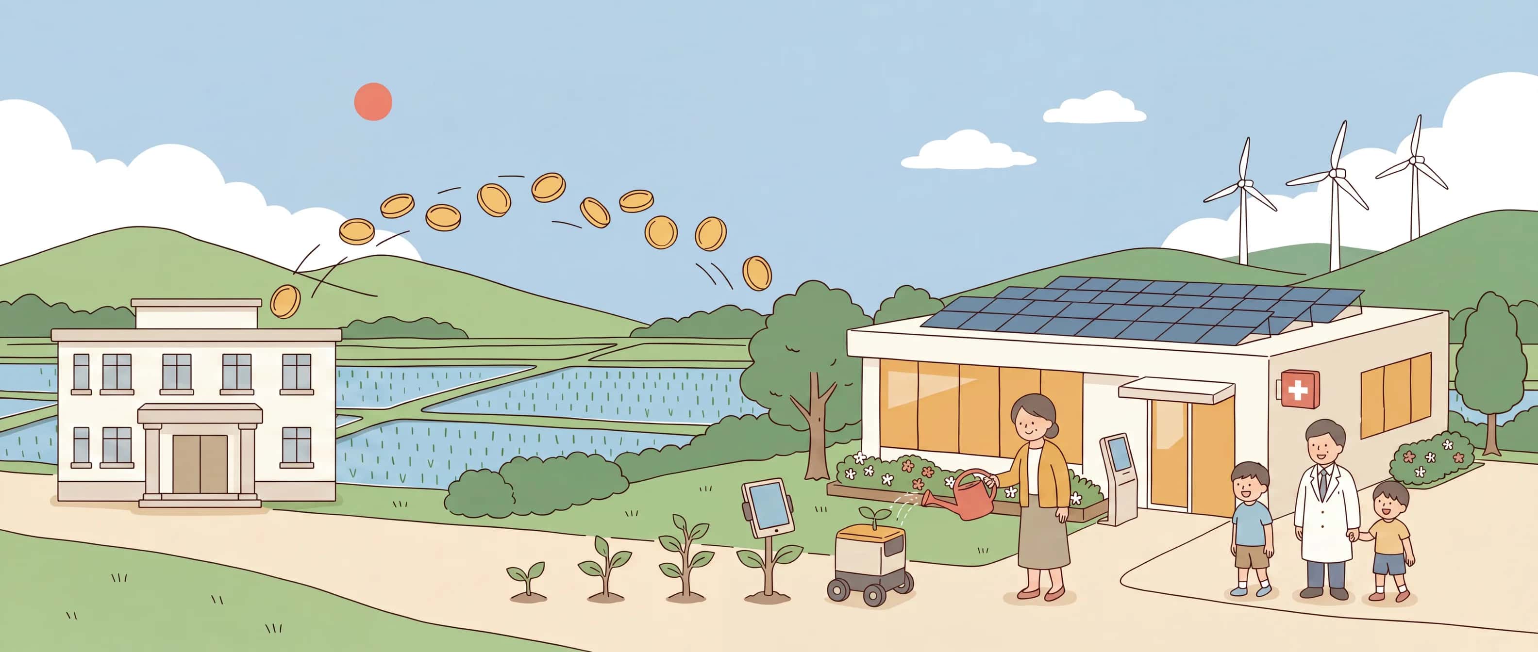 日本の田舎にある未来クリニックの世界観で、補助金を使ってクリニックが育つ様子を描いたフラットイラスト。事務長がじょうろで苗木に水をやり、苗木がチェックイン端末や配送ロボットに育っていく。