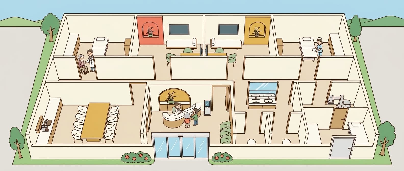 クリニックの屋根を外した俯瞰イラスト (フラットな線画)。上段に検査・処置室と診察室、中央の患者廊下、前面に左からスタッフラウンジ・受付・トイレ・X線室。室内に医師・看護師・患者の小さなキャラクター。各室に AI 接続点 10 フェーズを重ねた業務フロー地図。