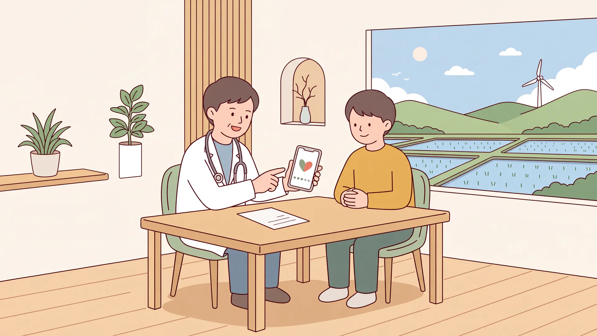 患者のスマホで治療用アプリの使い方を示す医師