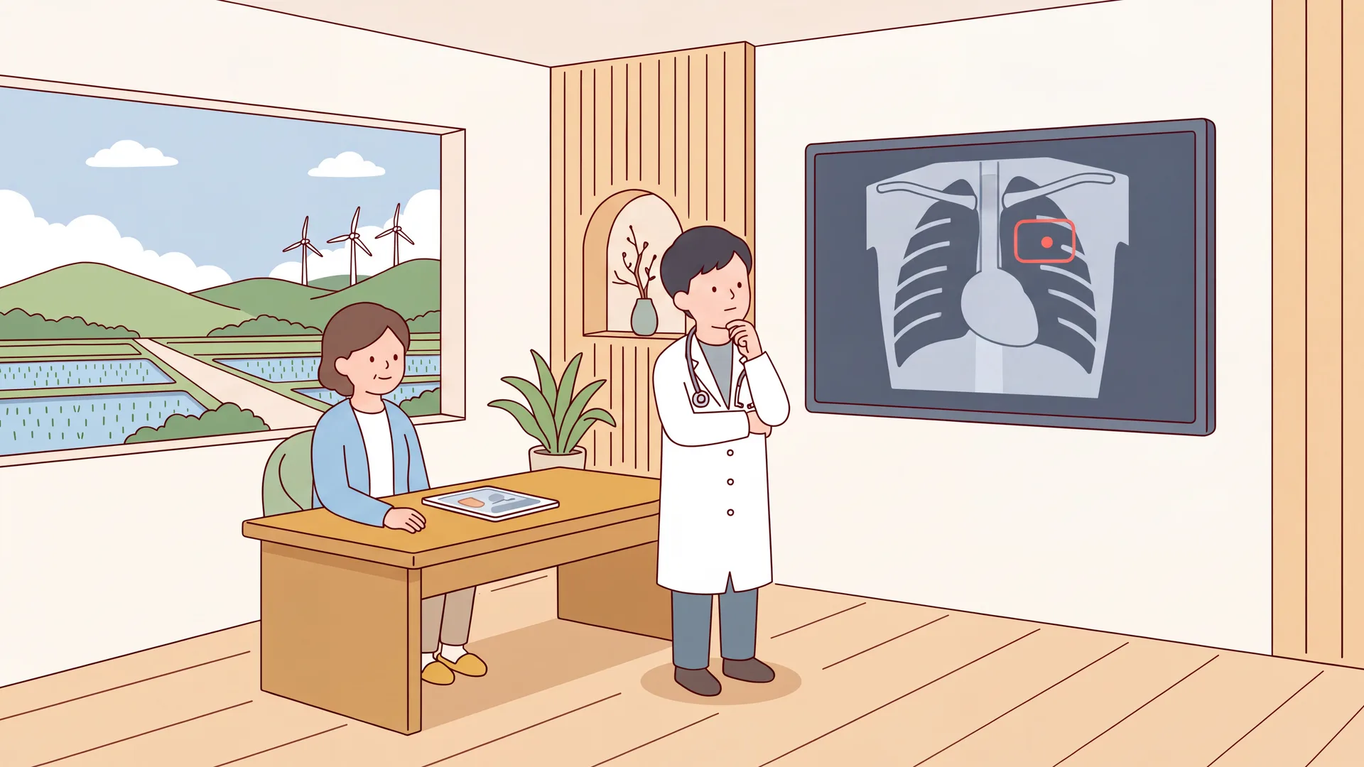 AIが印を付けた胸部X線を確認する医師