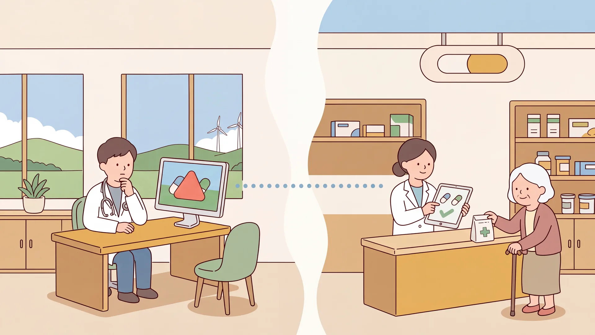 飲み合わせ警告を確認する医師と町の薬局の薬剤師