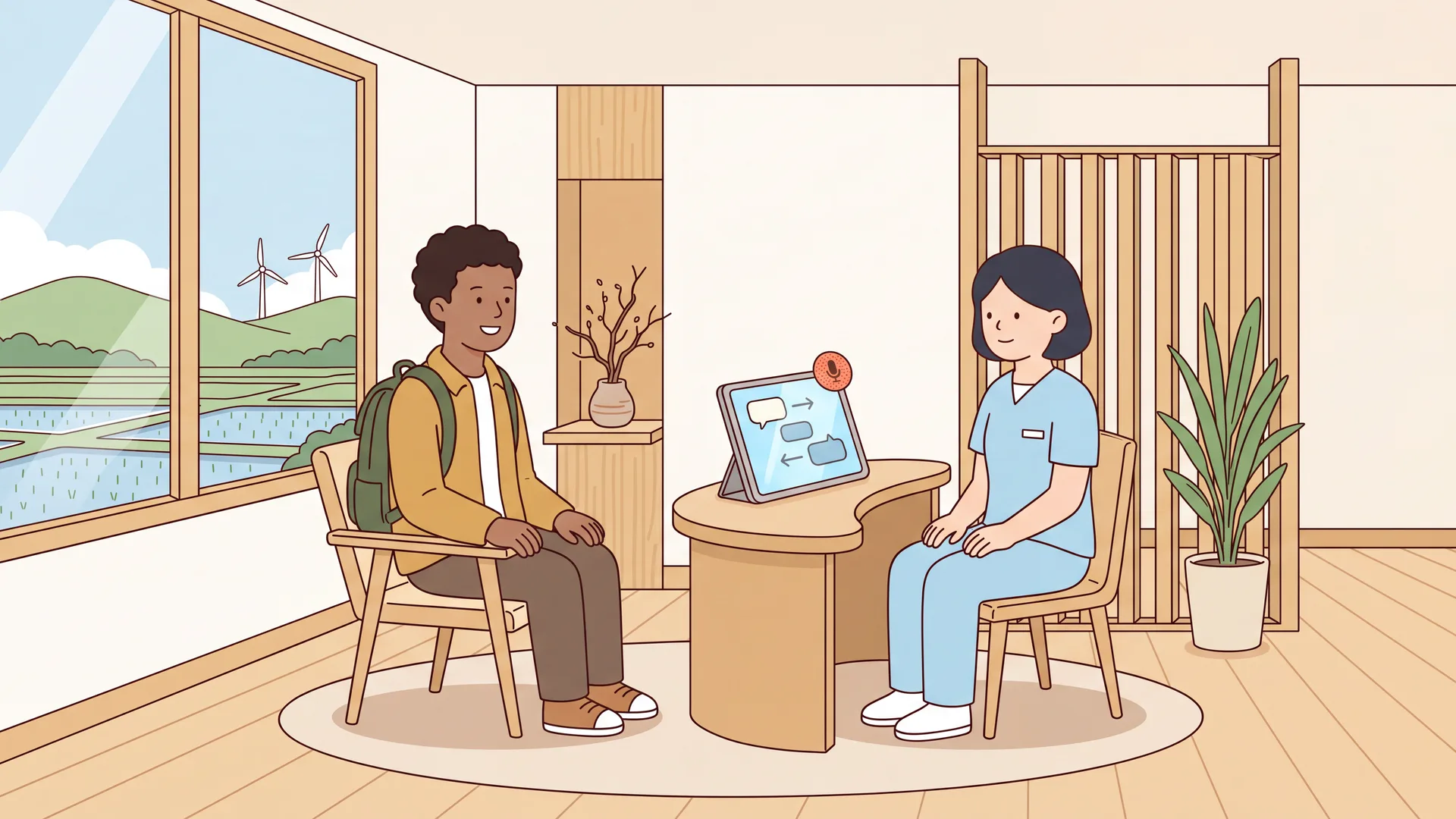 通訳タブレットを挟んで話す外国人患者と看護師