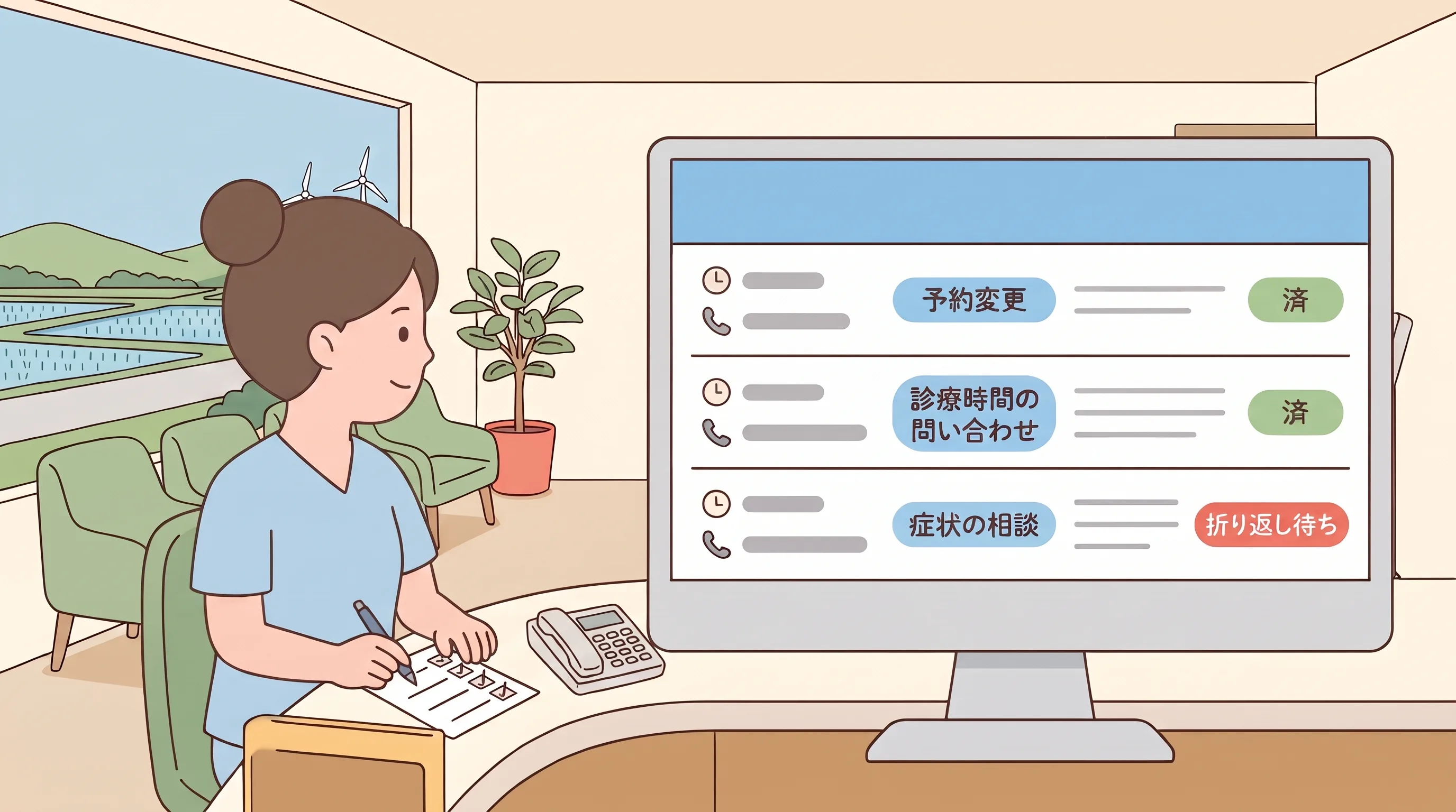 AI電話の管理画面のイメージ。1行に日時・用件の分類・要約・対応状況が並ぶ通話の一覧を、受付スタッフが上から片づけている