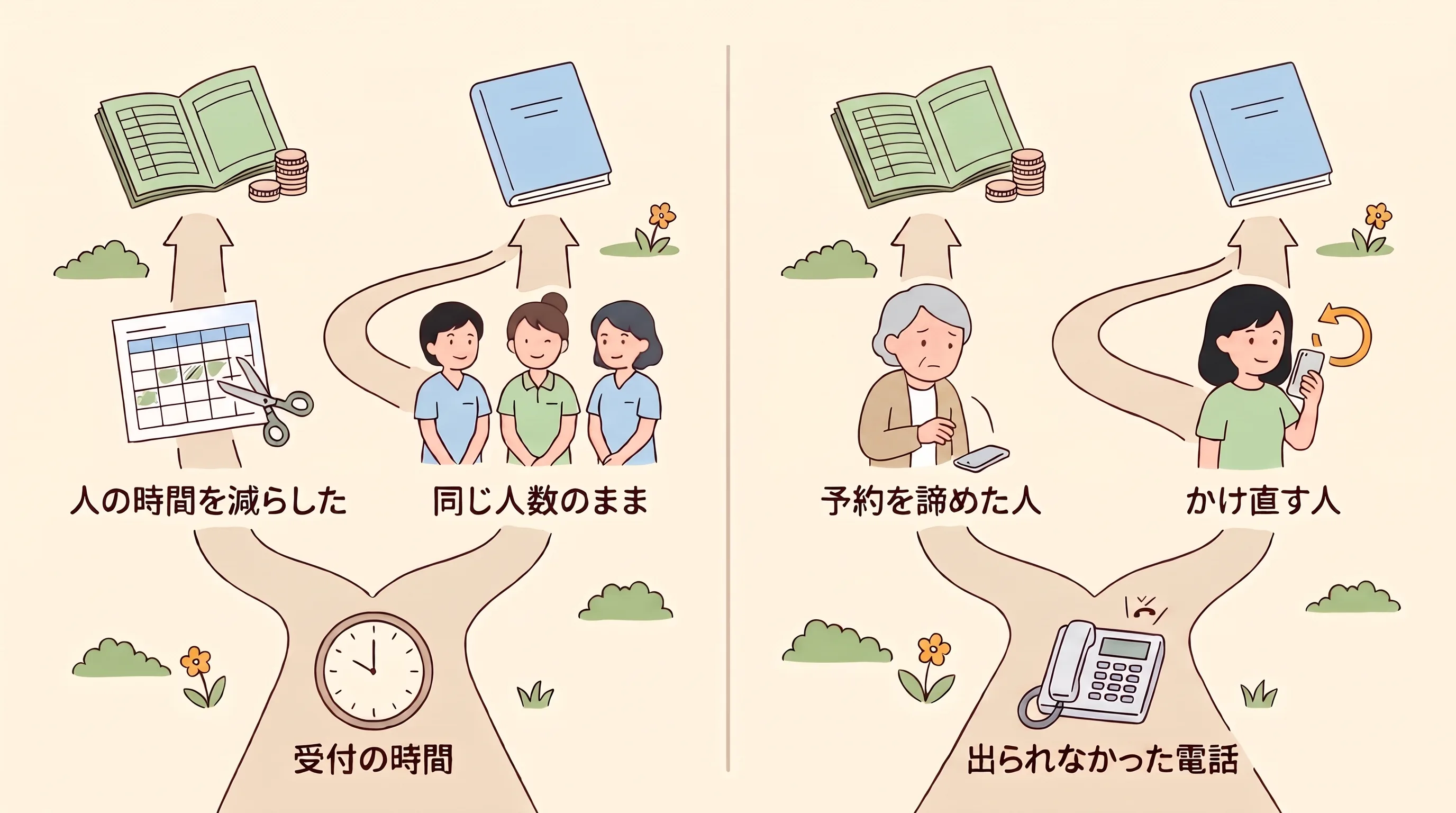 受付の時間はシフトを減らす・採用を止める・残業が減るときだけ帳簿に載り、出られなかった電話は予約を諦めた人がいたときだけ限界利益が戻ることを、2本の道で示した概念図