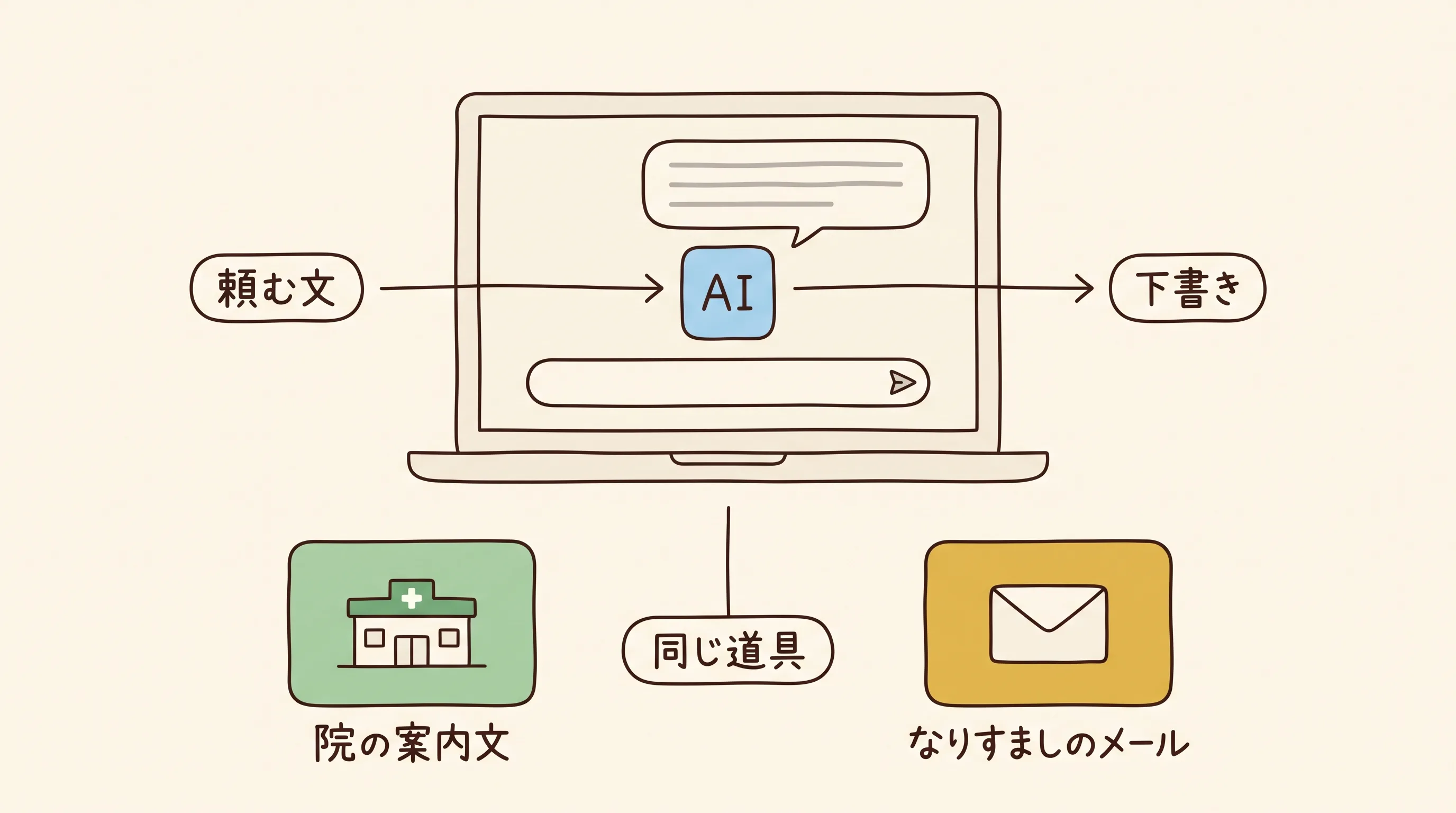 ノートパソコンの画面に入力欄と返ってきた文章があり、頼む文からAIを通って下書きが返る流れを示す図。下に院の案内文となりすましのメールのカードが並び、同じ道具で書けることを示している