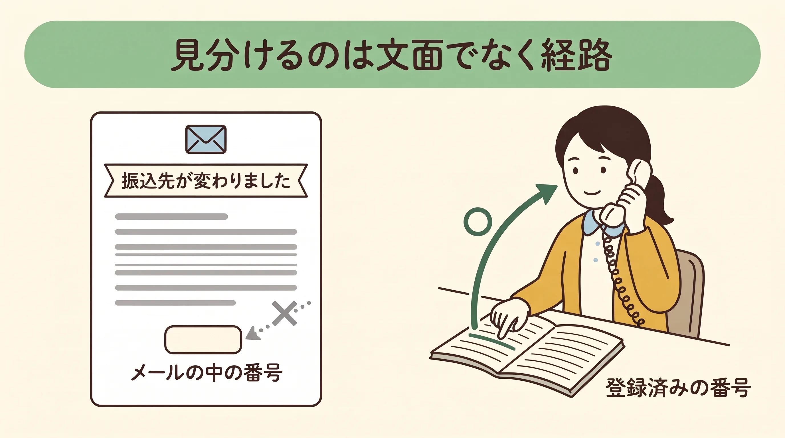 左に振込先が変わりましたというメールがあり、メールの中の番号へ向かう矢印に×。右で事務長が台帳の登録済みの番号へ電話をかけて確かめ、そちらに○がついている図