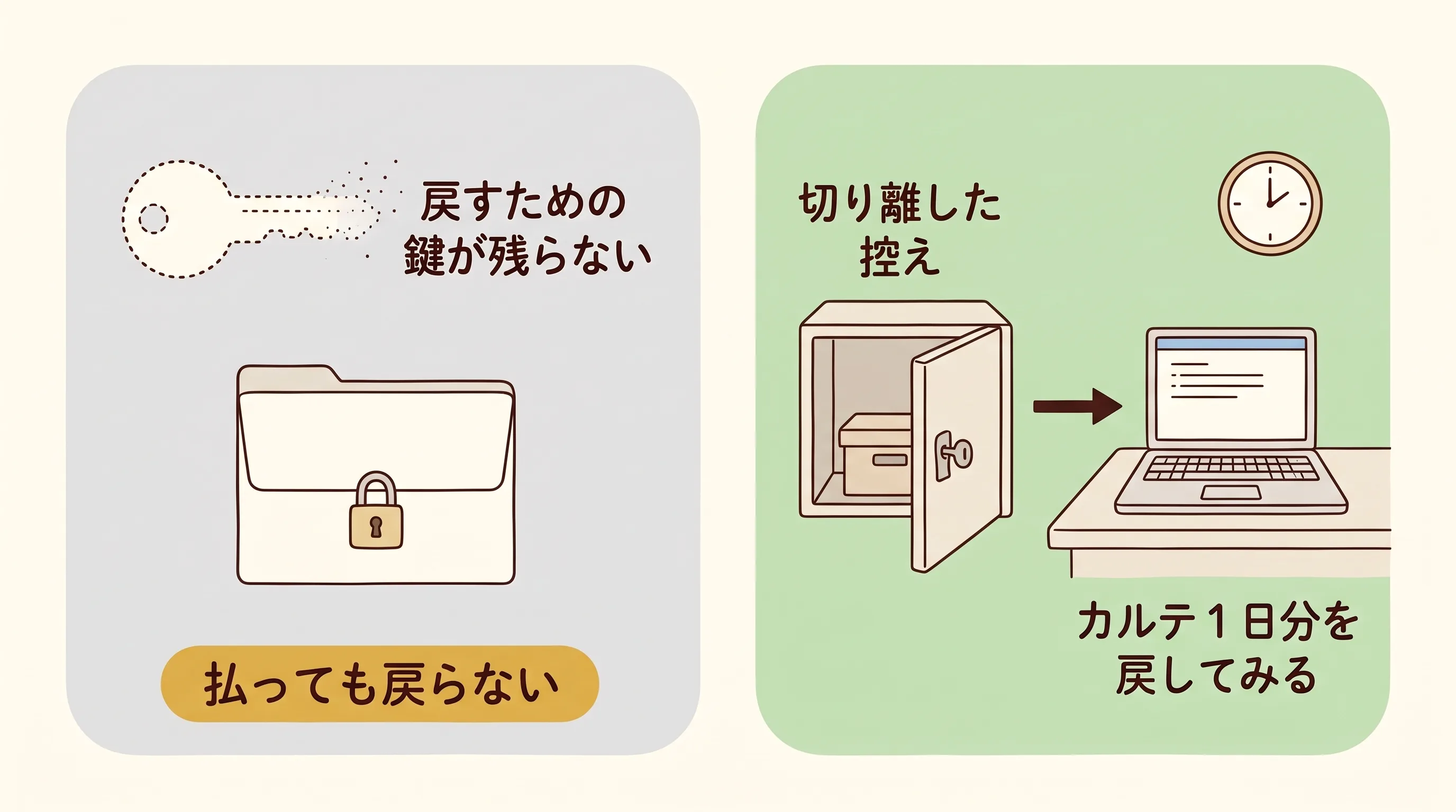 左は鍵のかかったデータの箱の上で鍵の輪郭が消えていき、払っても戻らないことを示す。右は鍵付きの棚にしまった切り離した控えから別のパソコンへカルテ1日分を戻してみる様子を示す対比の図