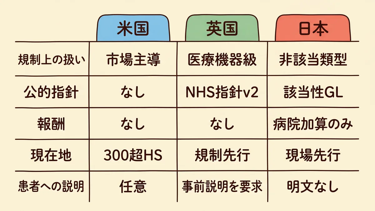 AIスクライブの日米英3カ国比較表。米国は市場主導で300超ヘルスシステム、英国は要約機能を医療機器扱いしMHRA Class1以上とDTACを要求、日本は事務支援ツールの非該当整理で診療所向けの報酬なし