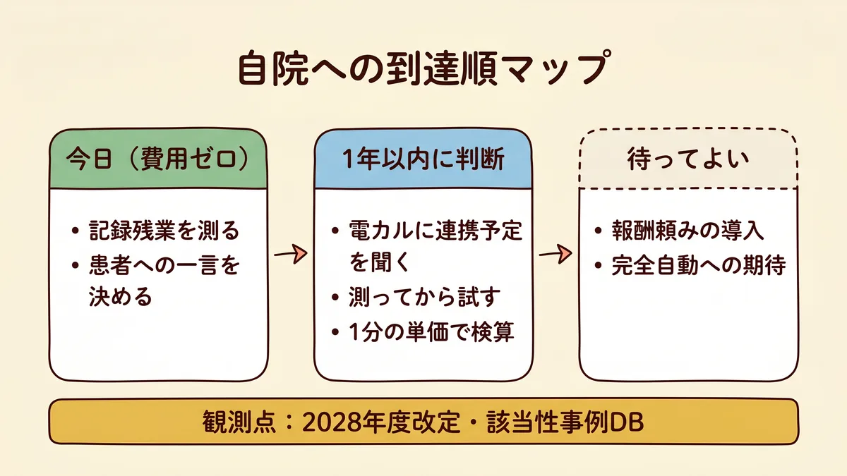 AIスクライブ導入の自院への到達順マップ。今日やること (記録残業を測る・患者への一言)、1年以内に判断 (電カル連携を聞く・測ってから試す・1分の単価で検算)、待ってよいこと (報酬頼みの導入・完全自動への期待) の3レーンと、2028年度改定・該当性事例DBの観測点