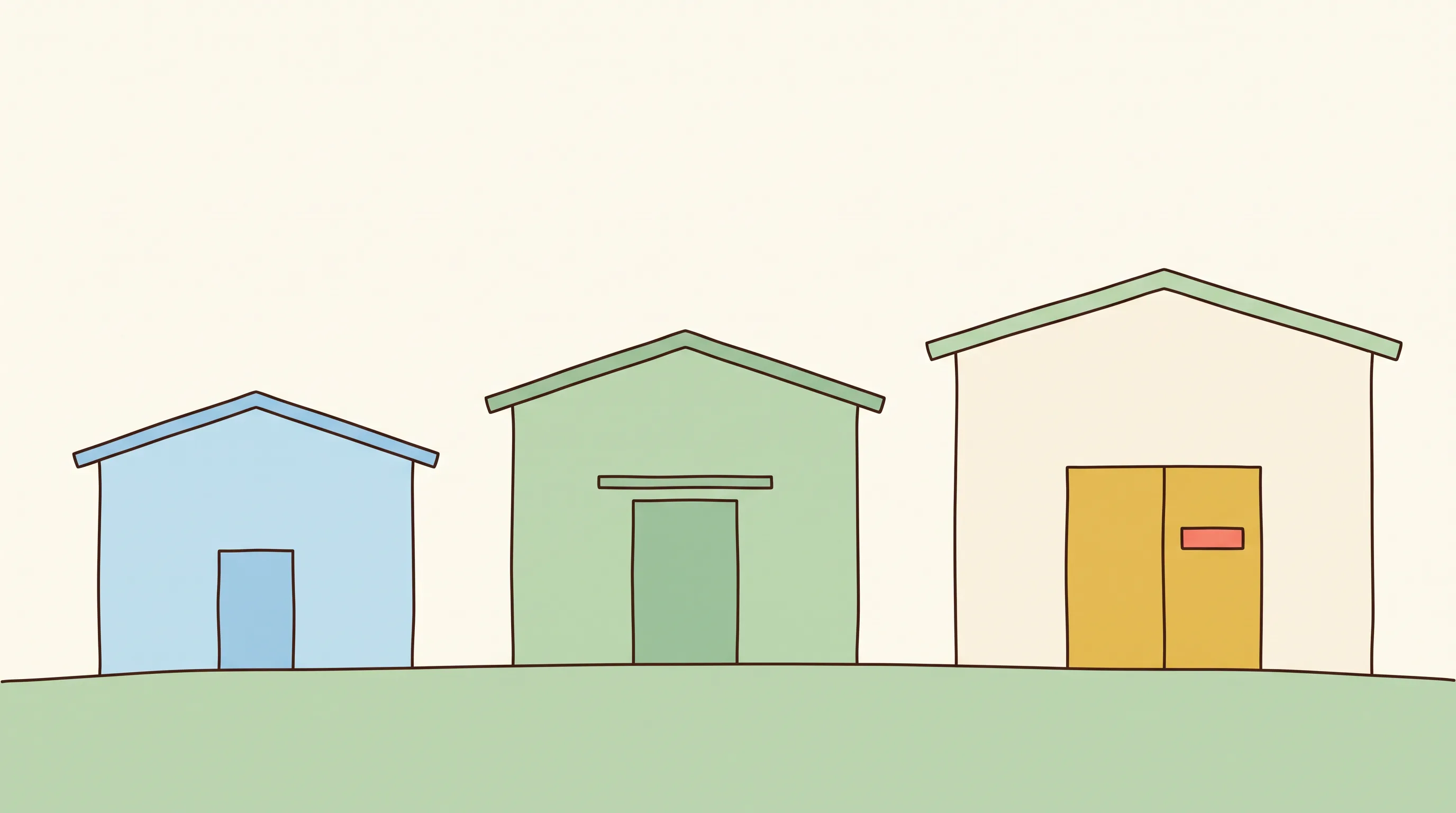 3 つの建物が並び、それぞれの入口の大きさが異なることで規模に応じた要求の違いを示した概念図