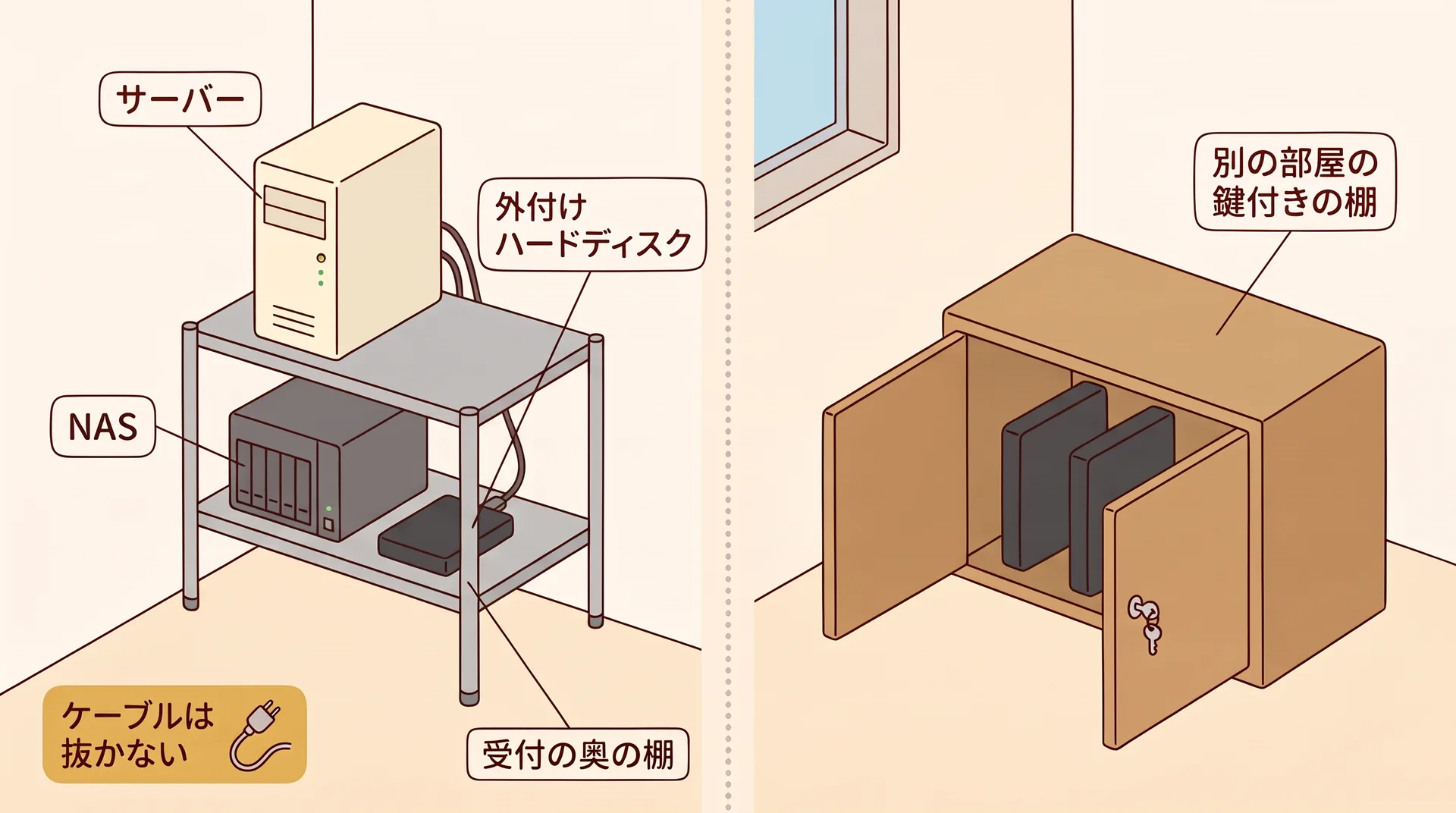 左に受付の奥の棚があり、サーバー、ランプのついたNAS、USBケーブルでつながった外付けハードディスクが並ぶ。右に別の部屋の鍵付きキャビネットがあり、ケーブルのない外付けハードディスクが2台しまってある。ケーブルは抜かないという注意の札がある機器の外観図