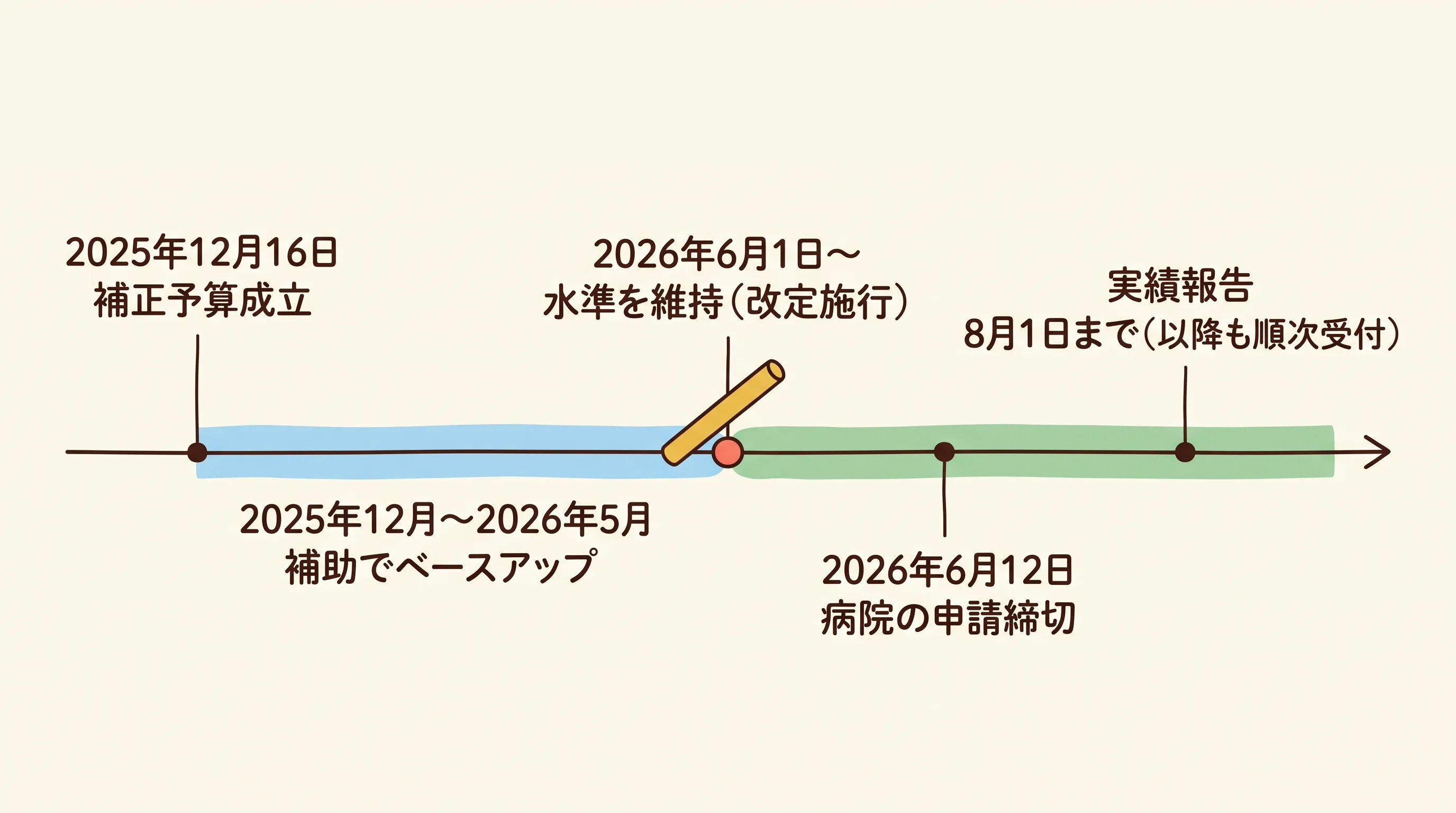 2025年12月16日の補正予算成立から、補助でベースアップする半年間、2026年6月1日以降の水準維持、6月12日の病院の申請締切、8月1日までの実績報告を並べた横一本のタイムライン