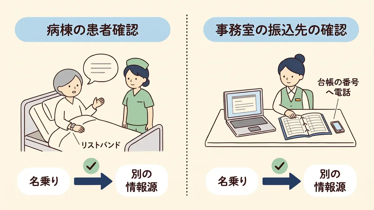 左に病棟の患者確認(患者の名乗りとリストバンドの照合)、右に事務室の振込先の確認(メールの名乗りと台帳の番号への電話の照合)を同じ形で並べた比較図