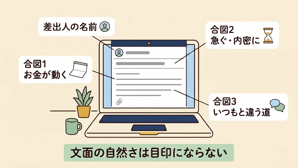 ノートパソコンに開いた文字の無いメール画面のまわりに、合図1 お金が動く、合図2 急ぐ・内密に、合図3 いつもと違う道の3つの札が引き出し線で付き、下に文面の自然さは目印にならないと帯がある図
