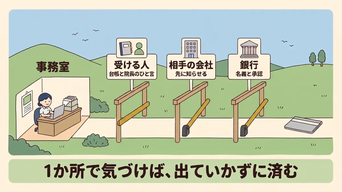 診療所の事務室から右へ伸びるお金の通り道に、受ける人(台帳と院長のひと言)、相手の会社(先に知らせる)、銀行(名義と承認)の3つの門が並び、下に1か所で気づけば、出ていかずに済むと帯がある図