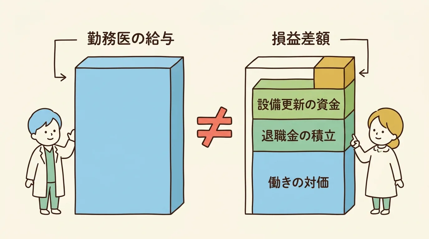 勤務医の給与が単一の箱であるのに対し、個人診療所の損益差額は働きの対価・退職金の積立・設備更新の資金などが積み重なった箱として描かれた概念図