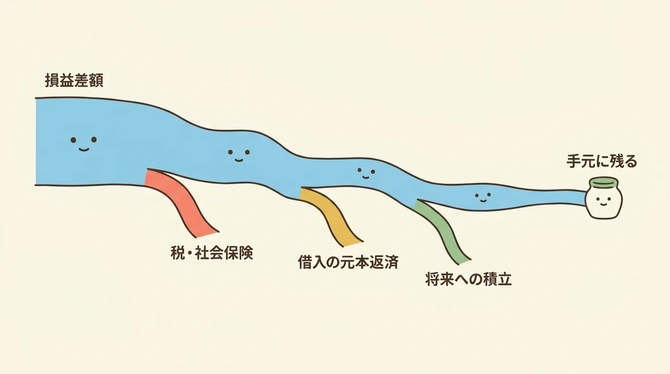 損益差額から税・社会保険、借入の元本返済、将来への積立を順に差し引き、最後に手元に残るお金へと細くなっていく計算ツリーの概念図