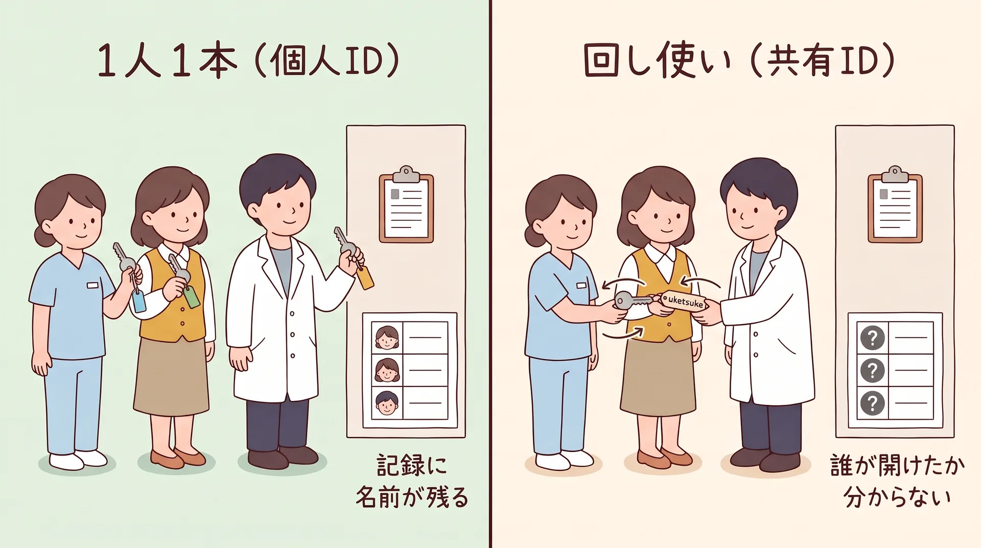 左右の比較図。左は3人の職員がそれぞれ名札つきの鍵を持ち、扉の横の記録簿に3人別々の顔が並ぶ。右は1本のuketsukeの札の鍵を3人で回し、記録簿には3行とも同じ記号しか残らない