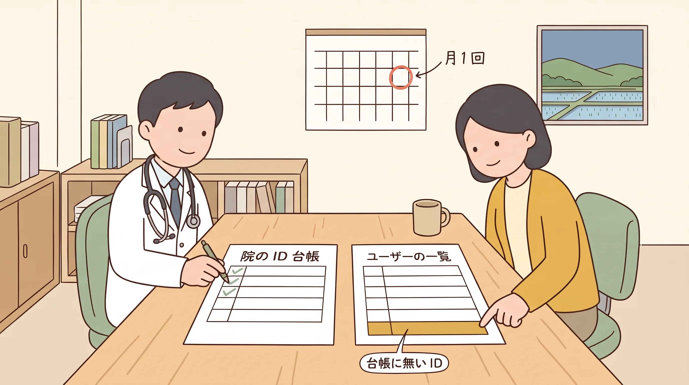 事務室の机に院のID台帳とユーザーの一覧の2枚が並び、一覧にだけある1行に黄色の印が付いている。事務長が指で行をたどり、院長が確認の印を付けている。壁のカレンダーの1日に丸がある