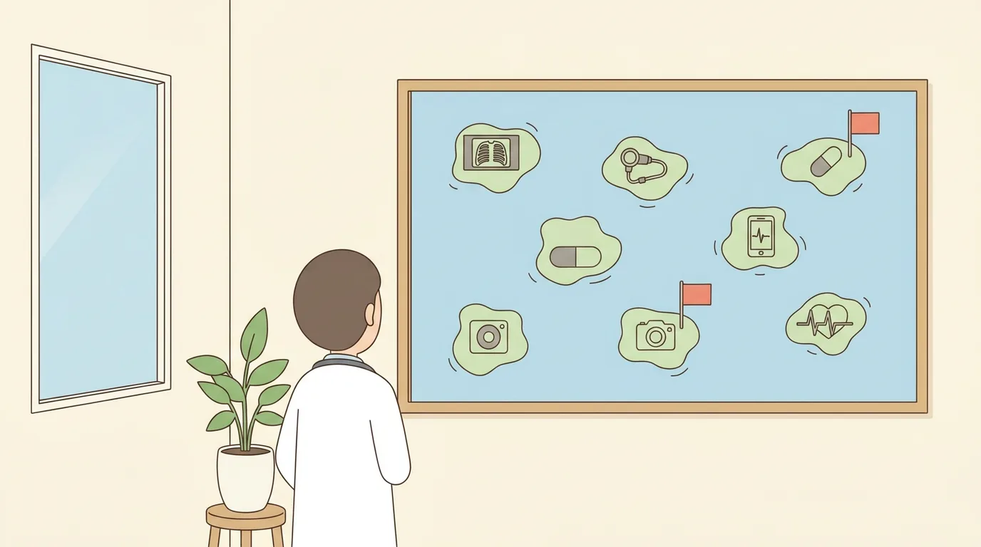 院長が承認済みAI医療機器の地図を眺めるフラットイラスト。点在する機器の島のうち保険適用の旗が立つ島は少ないというメタファ