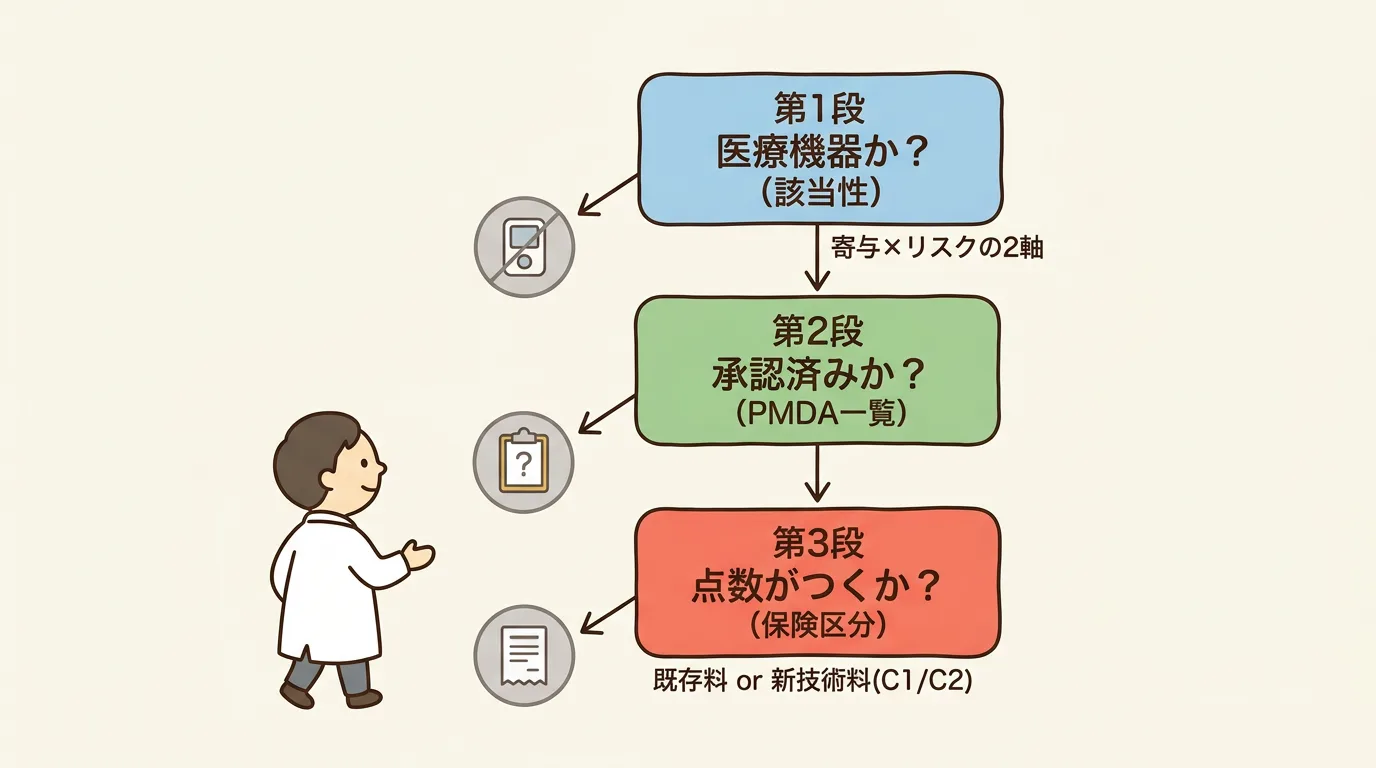第1段の該当性(医療機器か)、第2段の承認(PMDA一覧)、第3段の保険(点数がつくか)を上から順にYes/Noでたどる3段判定フローチャート