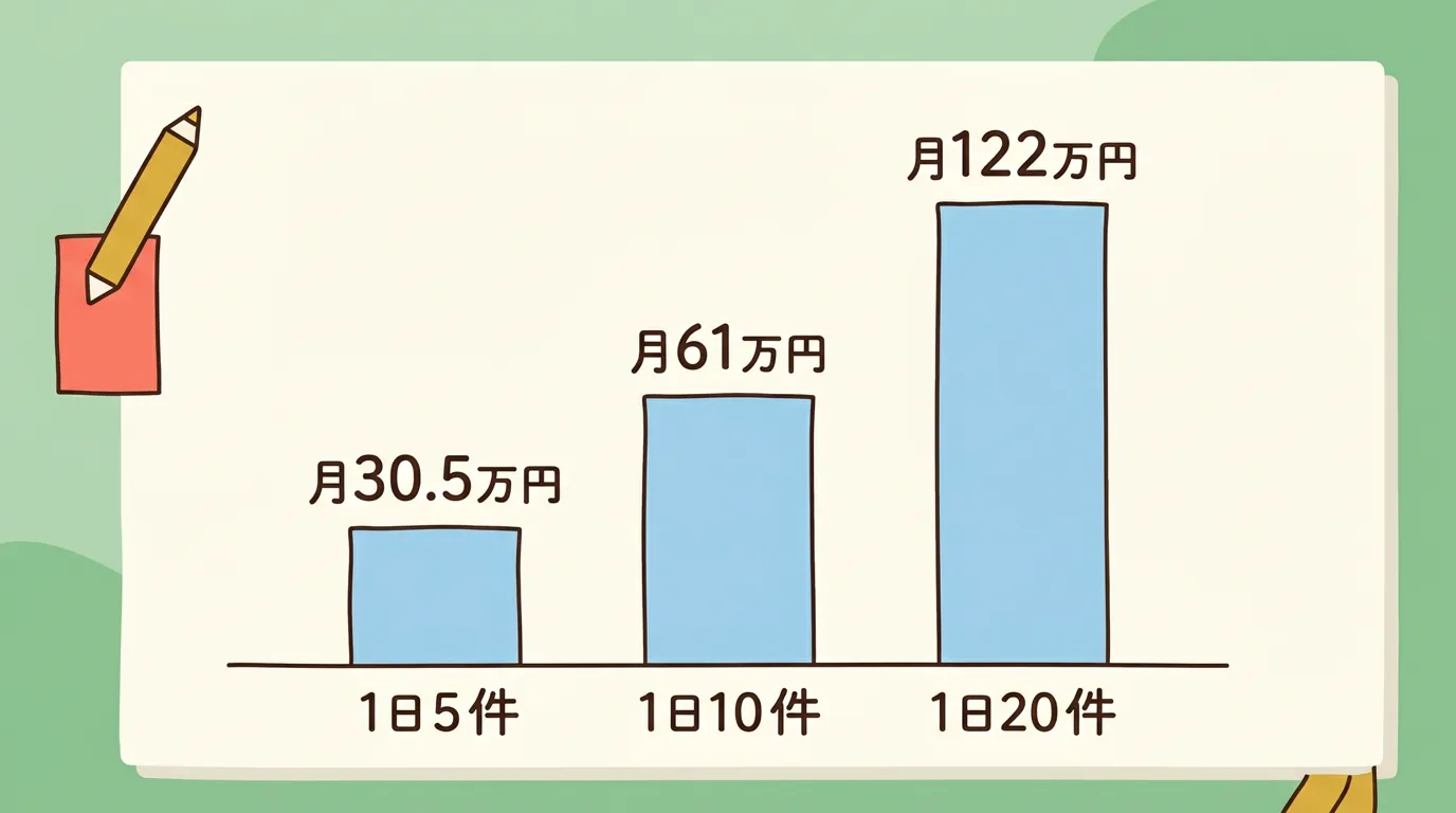 1回305点(3,050円)のnodocaを1日5件・10件・20件算定した場合の月間収益。月30.5万円・61万円・122万円と算定件数に比例する棒グラフ