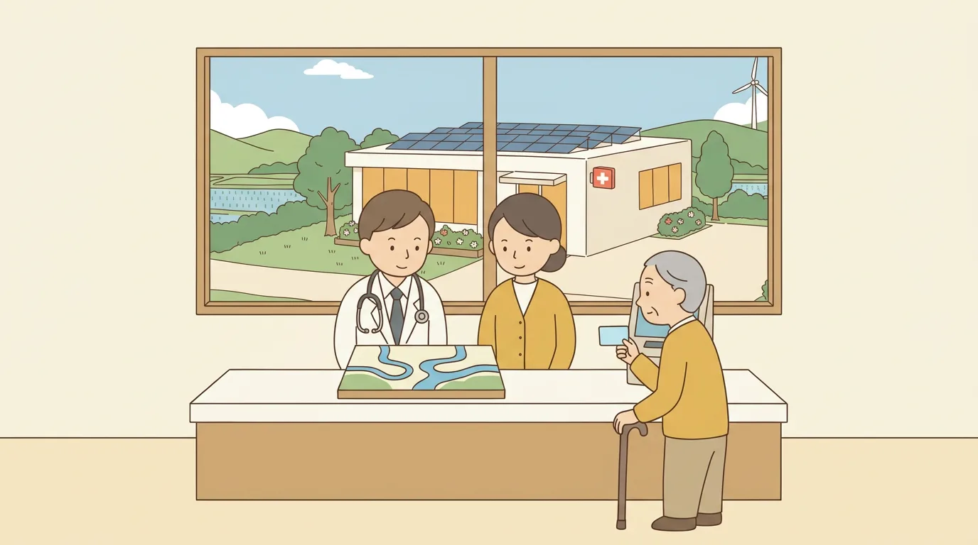 受付カウンターで院長と事務長が、3 つの流れが 1 つに合流する模型を眺めるフラットイラスト。令和 8 年度改定での加算統合のメタファ