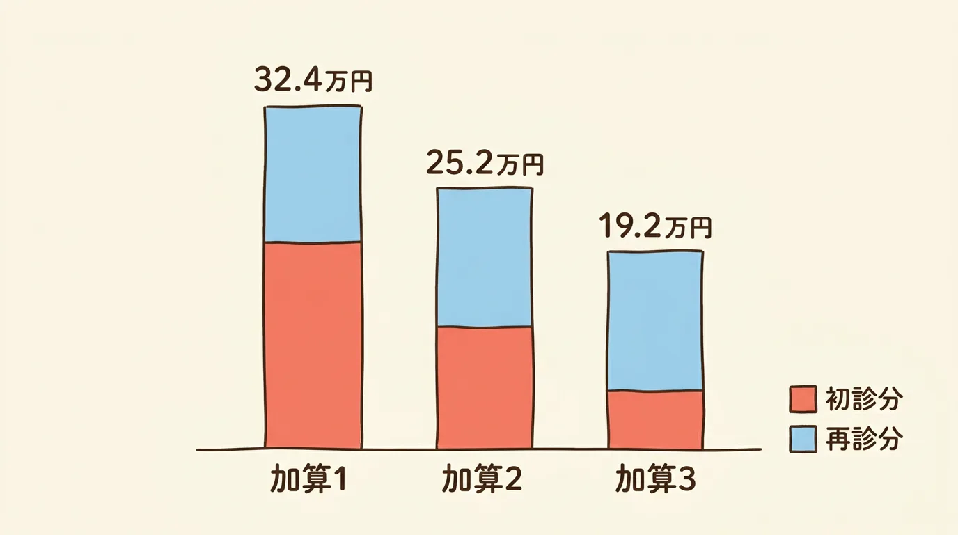 加算1は年32.4万円、加算2は25.2万円、加算3は19.2万円。初診分と再診分の積み上げ棒グラフ (月間初診100人・再診600人モデル)