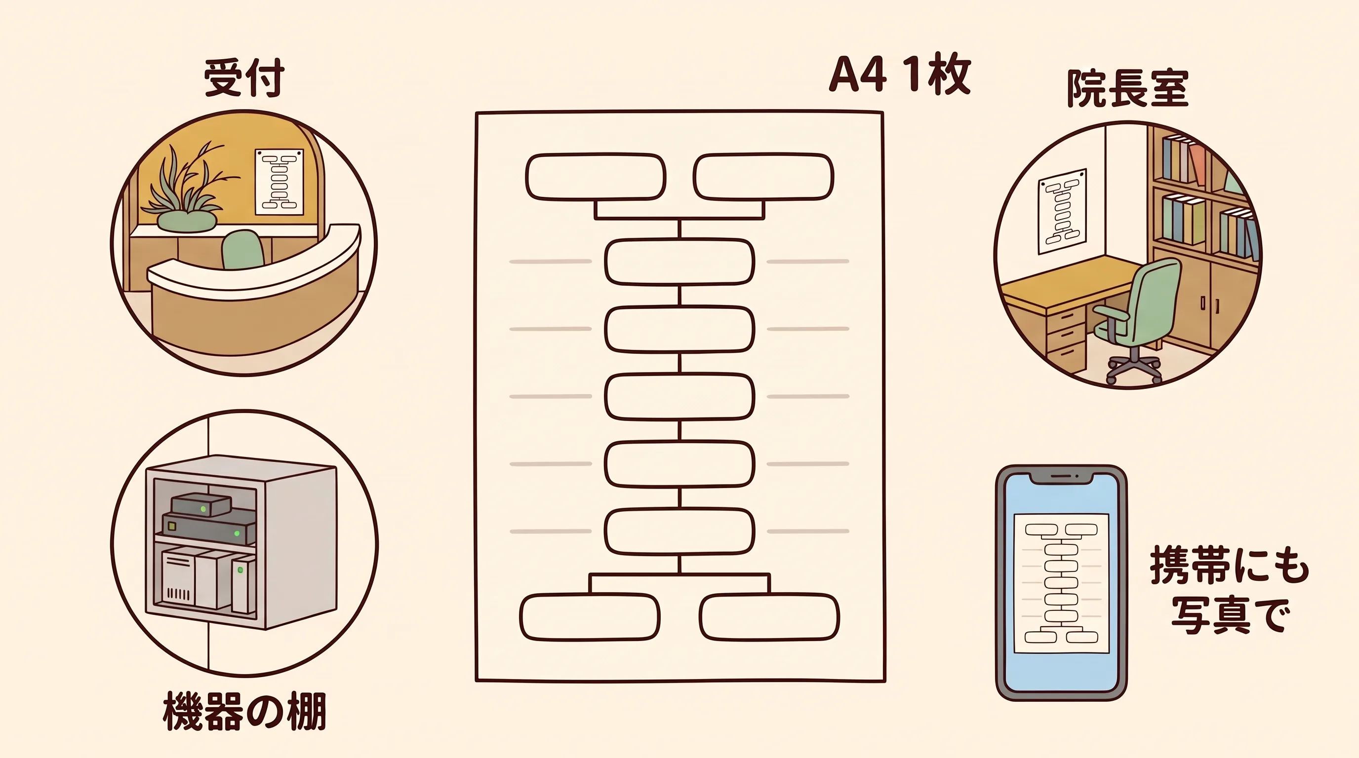 中央に箱と罫線だけのA4の紙1枚、周りに受付・院長室・機器の棚の3か所に同じ紙が貼られた小さな絵と、紙の写真を写したスマートフォン