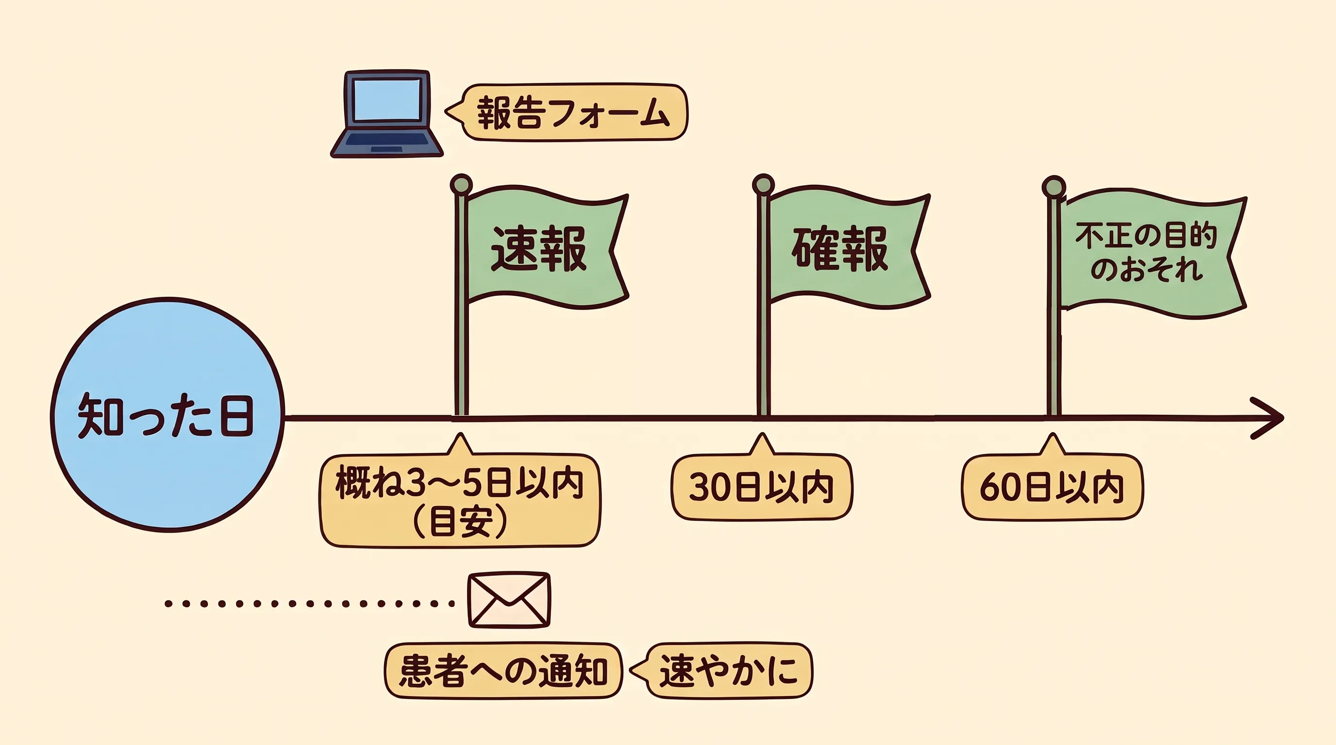 知った日から右へ伸びる時間の軸に、速報(概ね3〜5日以内、目安、報告フォーム)、確報(30日以内)、不正の目的のおそれ(60日以内)の旗が立ち、軸の下に患者への通知(速やかに)の線がある図