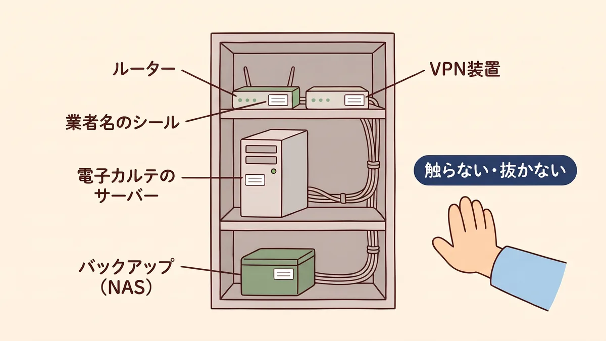 事務室の3段の棚に、上段にルーターとVPN装置、中段に電子カルテのサーバー、下段にバックアップ用の箱が置かれ、それぞれに業者名のシールが貼られているフラットな図。横に触らない・抜かないの注意の札