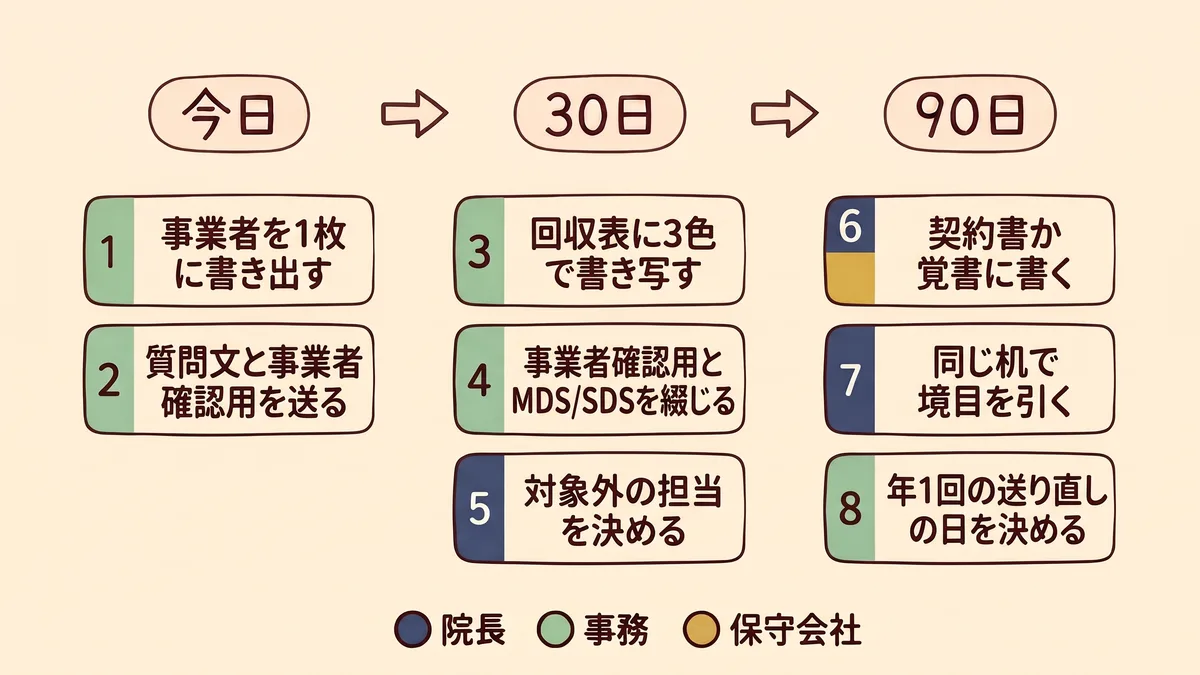 今日、30日、90日の3列に8枚の手順カードが並ぶ流れ図。今日は事業者の一覧、質問文と事業者確認用の送付。30日は回収表に書き写す、2枚を綴じる、対象外の担当を決める。90日は契約か覚書に書く、境目の打ち合わせ、年1回の送り直しの日。担当は院長、事務、保守会社の色で分かれる