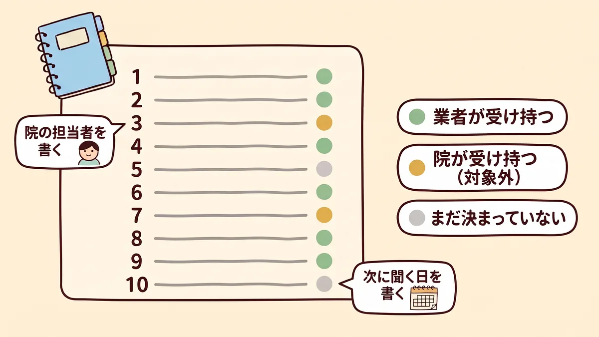 回収表の10行に、緑・黄・灰の3色の印が付いている図。緑は業者が受け持つ、黄は院が受け持つ対象外、灰はまだ決まっていない。黄の行には院の担当者の名前を書く欄、灰の行には次の打ち合わせの日付を書く欄がある