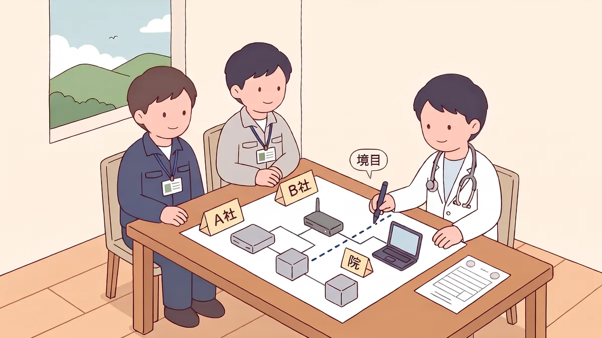 診療所の会議室の机を、院長とA社の担当者とB社の担当者が囲み、机の上に院内の機器の図が広げられている。図の上で院長が機器と機器の間に境目の線を引き、それぞれの機器にA社・B社・院の札を置いている