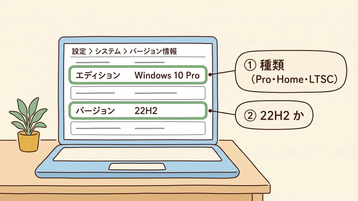 ノートパソコンの画面に簡略化した設定画面が表示され、設定、システム、バージョン情報の中のエディション(Windows 10 Pro)とバージョン(22H2)の2行が緑の枠で囲まれ、種類と22H2かを見ると吹き出しで示した図