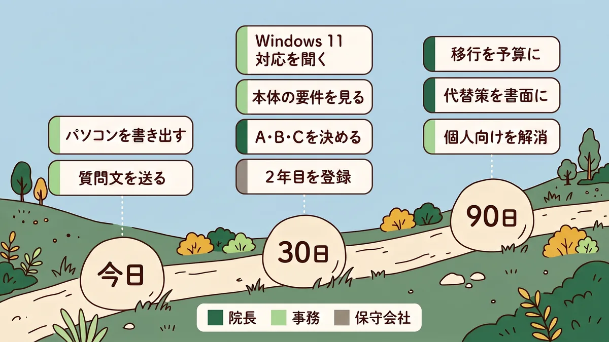 今日、30日、90日の3列に手順のカードを並べ、院長・事務・保守会社の担当を色で分けた流れ図。今日はパソコンの書き出しと質問文の送付、30日はWindows 11対応の確認・本体の要件確認・A B Cの決定・2年目の登録、90日は移行の予算化・代替策の書面化・個人向けの解消