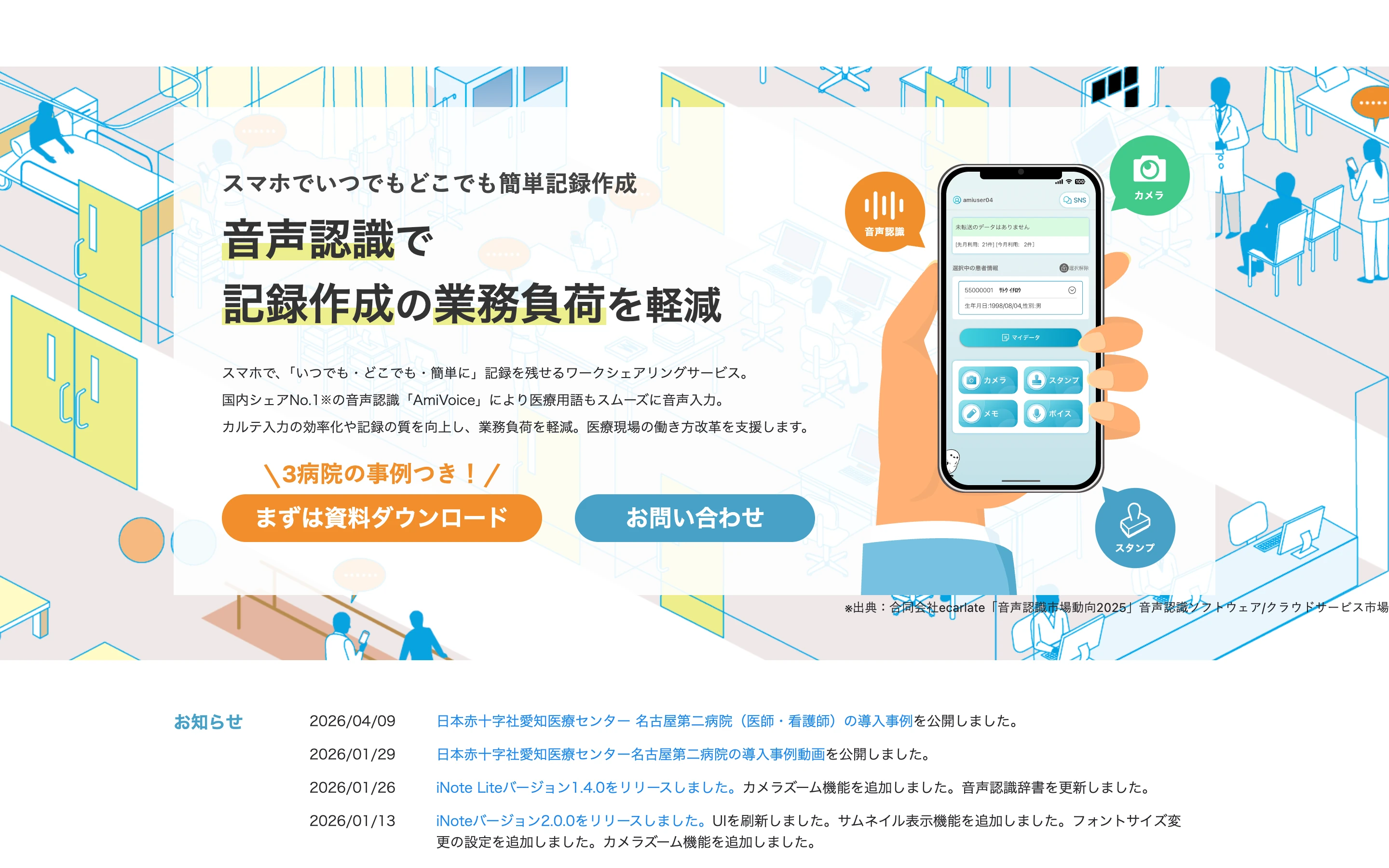 AmiVoice iNote 公式サイトのヒーローセクション。スマートフォンで音声入力する様子のイラストと「音声認識で記録作成の業務負荷を軽減」の見出し