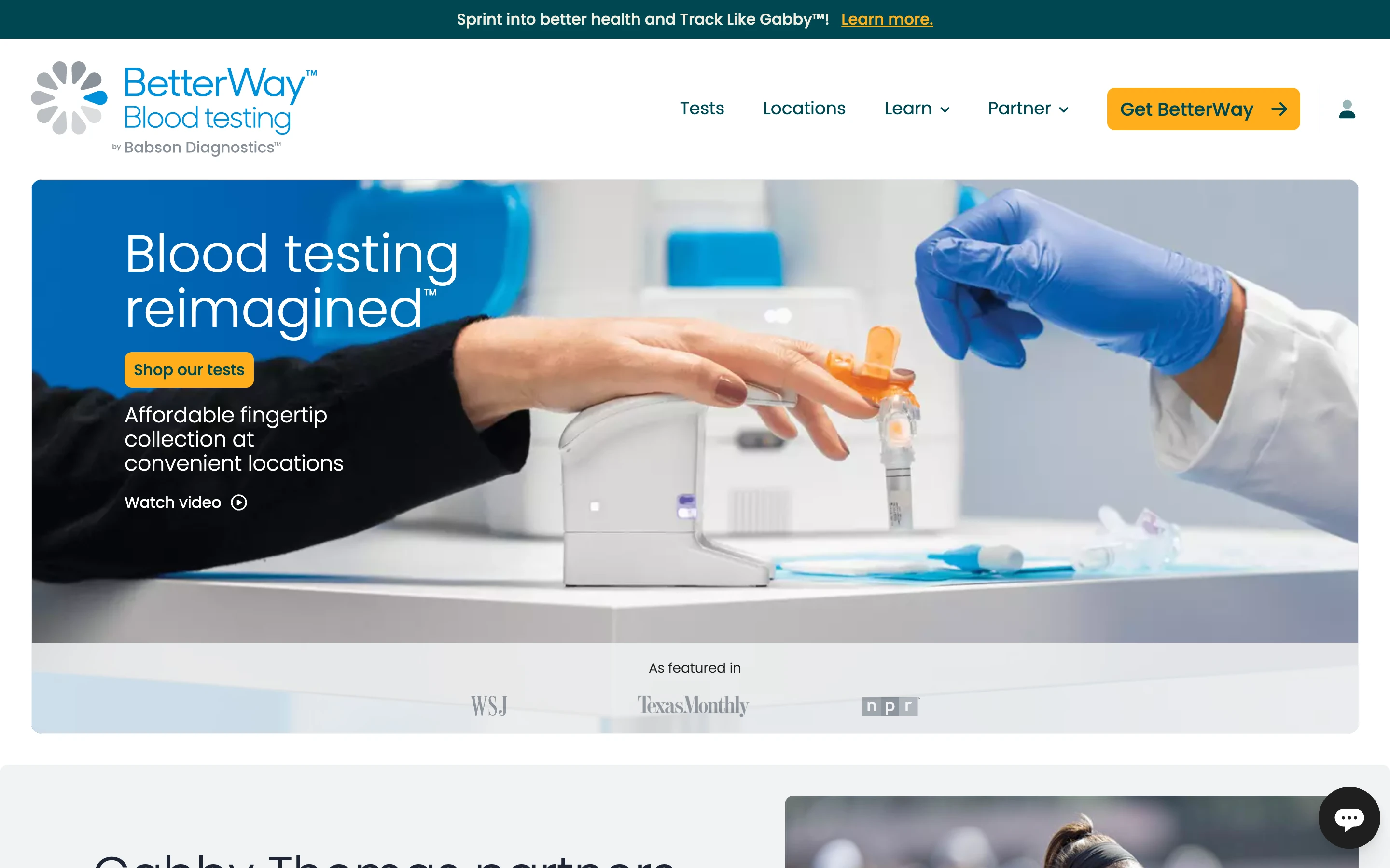 BetterWay 公式トップのヒーロー。「Blood testing reimagined」の見出しと、指先から少量採血する BD MiniDraw 採血の様子