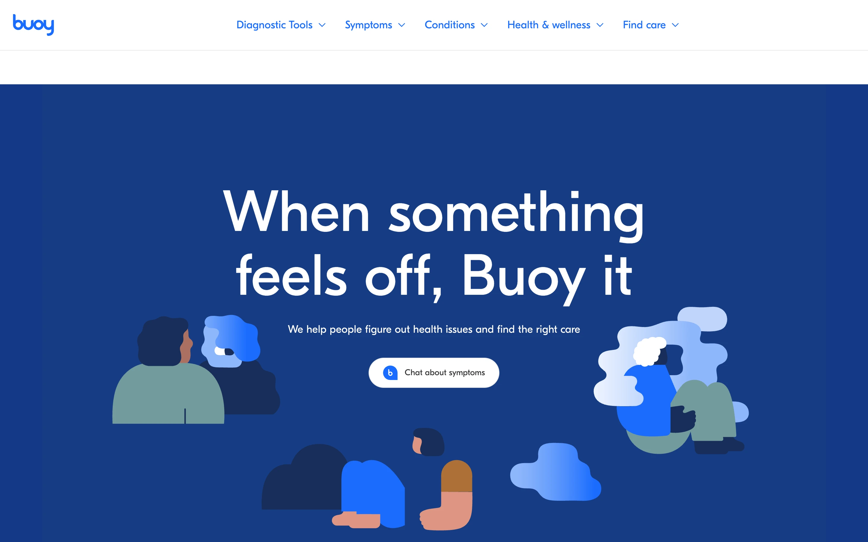 Buoy Health 公式サイトのヒーローセクション。「When something feels off, Buoy it」の見出しと「Chat about symptoms (症状について相談する)」ボタン