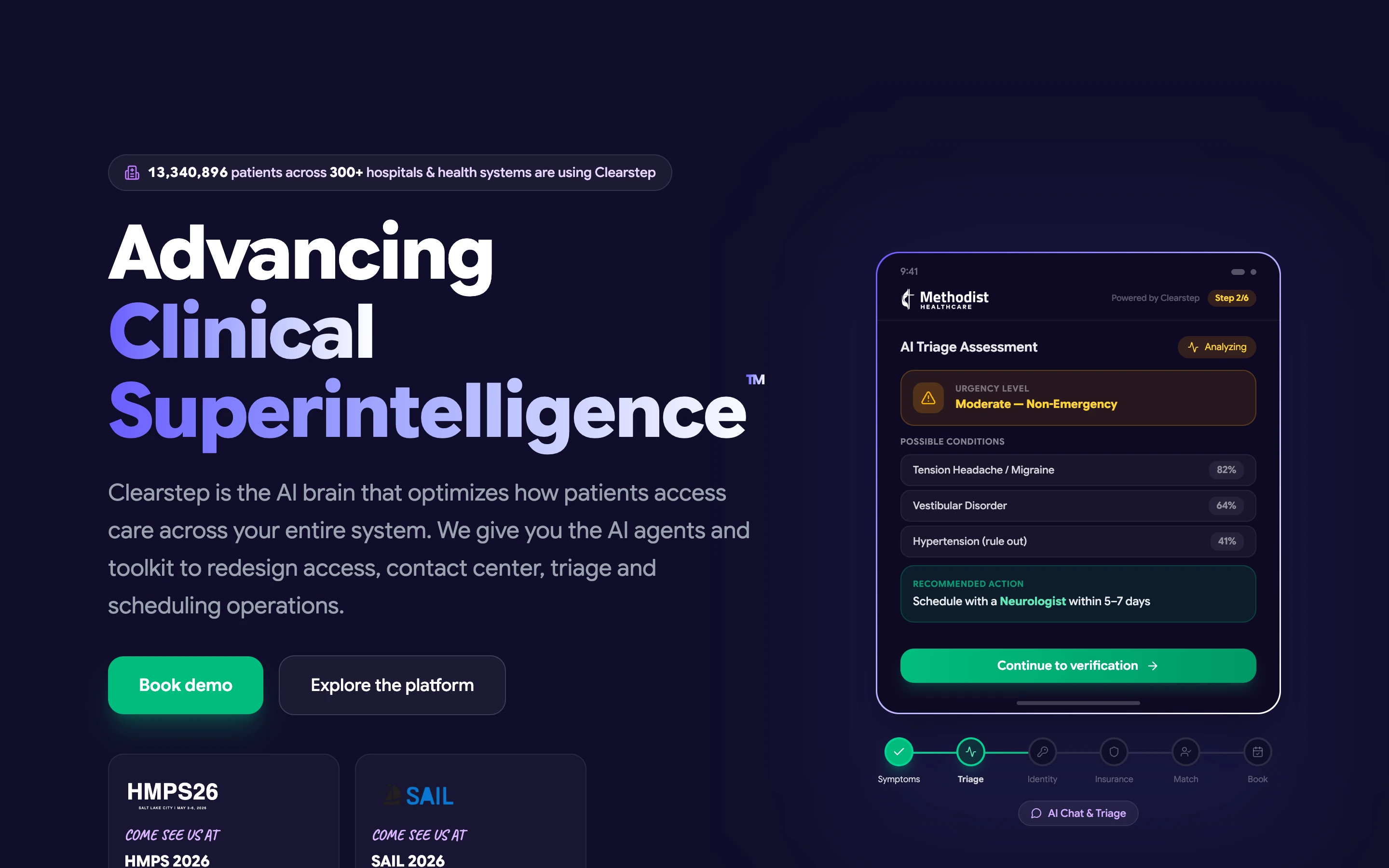 Clearstep 公式サイトのヒーローセクション。「Advancing Clinical Superintelligence」の見出しと、300+ 病院・医療システム・1,300万人超の患者が利用との表示、AI トリアージ画面のモック