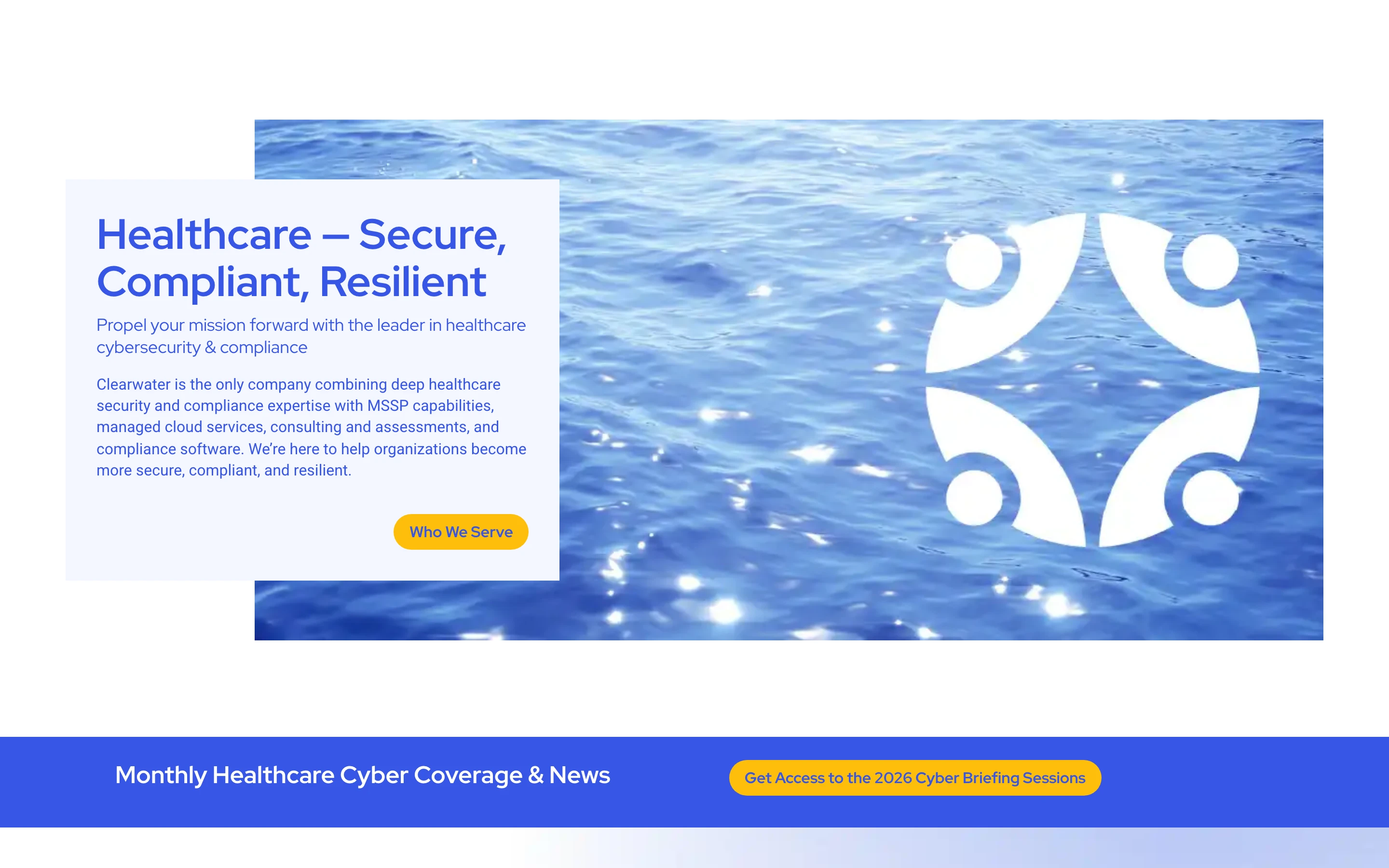Clearwater 公式トップページの上部。「Healthcare — Secure, Compliant, Resilient」の見出しと、水面を背景にした会社のロゴマーク
