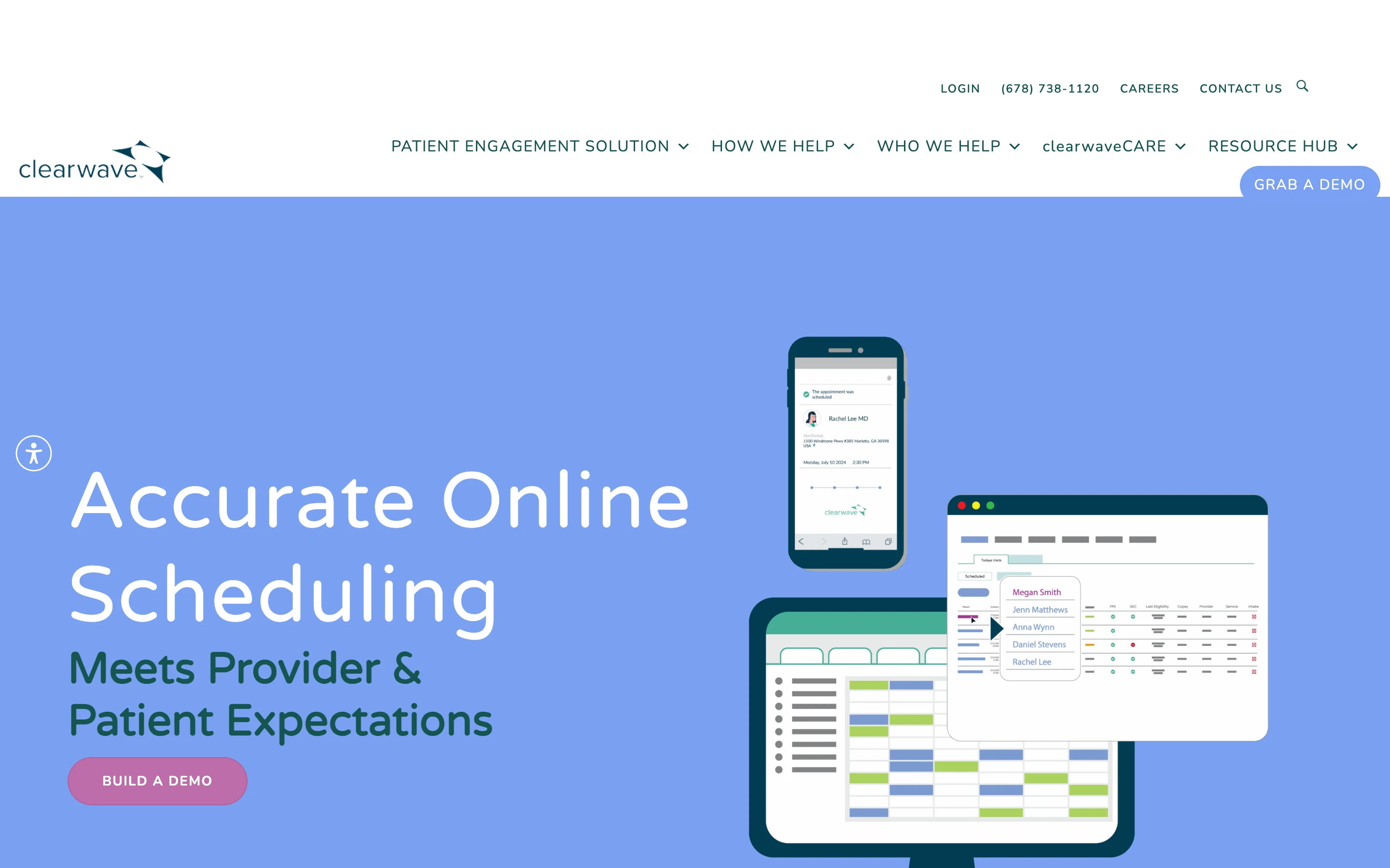 Clearwave 公式サイトのヒーローセクション。「Accurate Online Scheduling」の見出しと、スマホ予約通知・キオスク受付・スケジューラ画面のイラスト